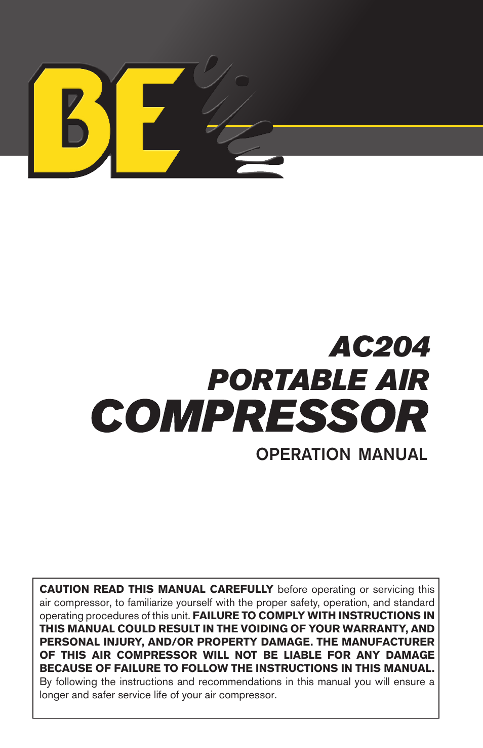 BE Pressure supply 4 Gallon Horizontal Air Compressor AC204 User Manual | 24 pages