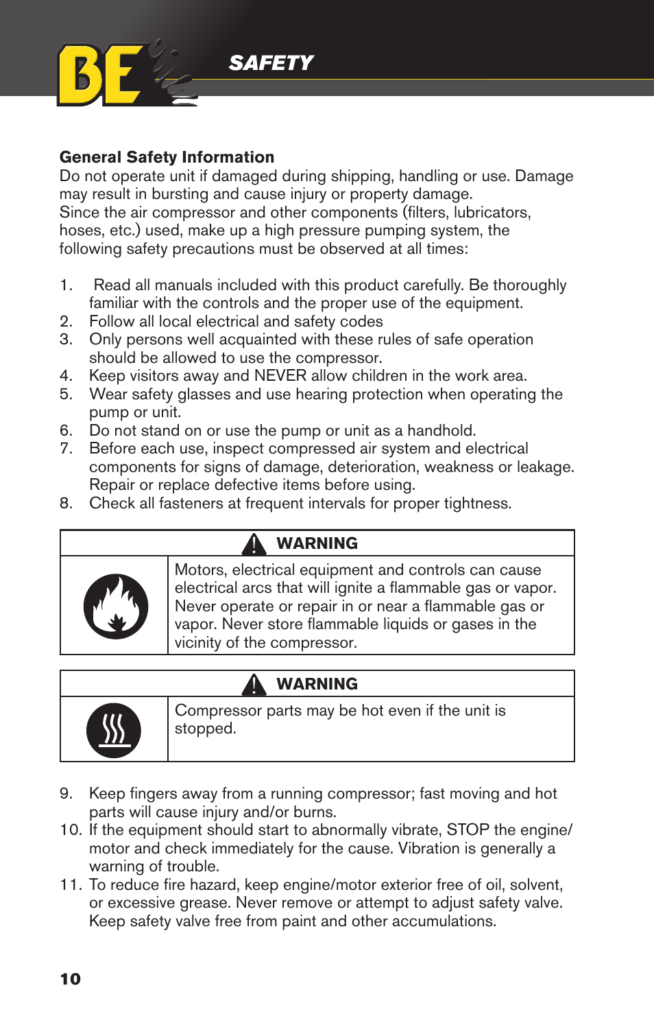 Safety | BE Pressure supply 4 Gallon Horizontal Air Compressor AC204 User Manual | Page 10 / 24