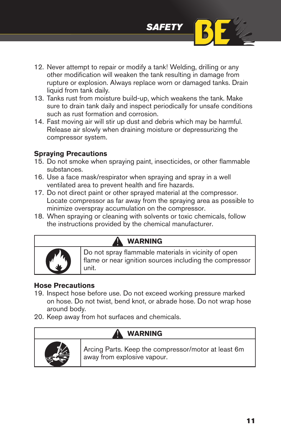 Safety | BE Pressure supply 4 Gallon Horizontal Air Compressor AC204 User Manual | Page 11 / 24