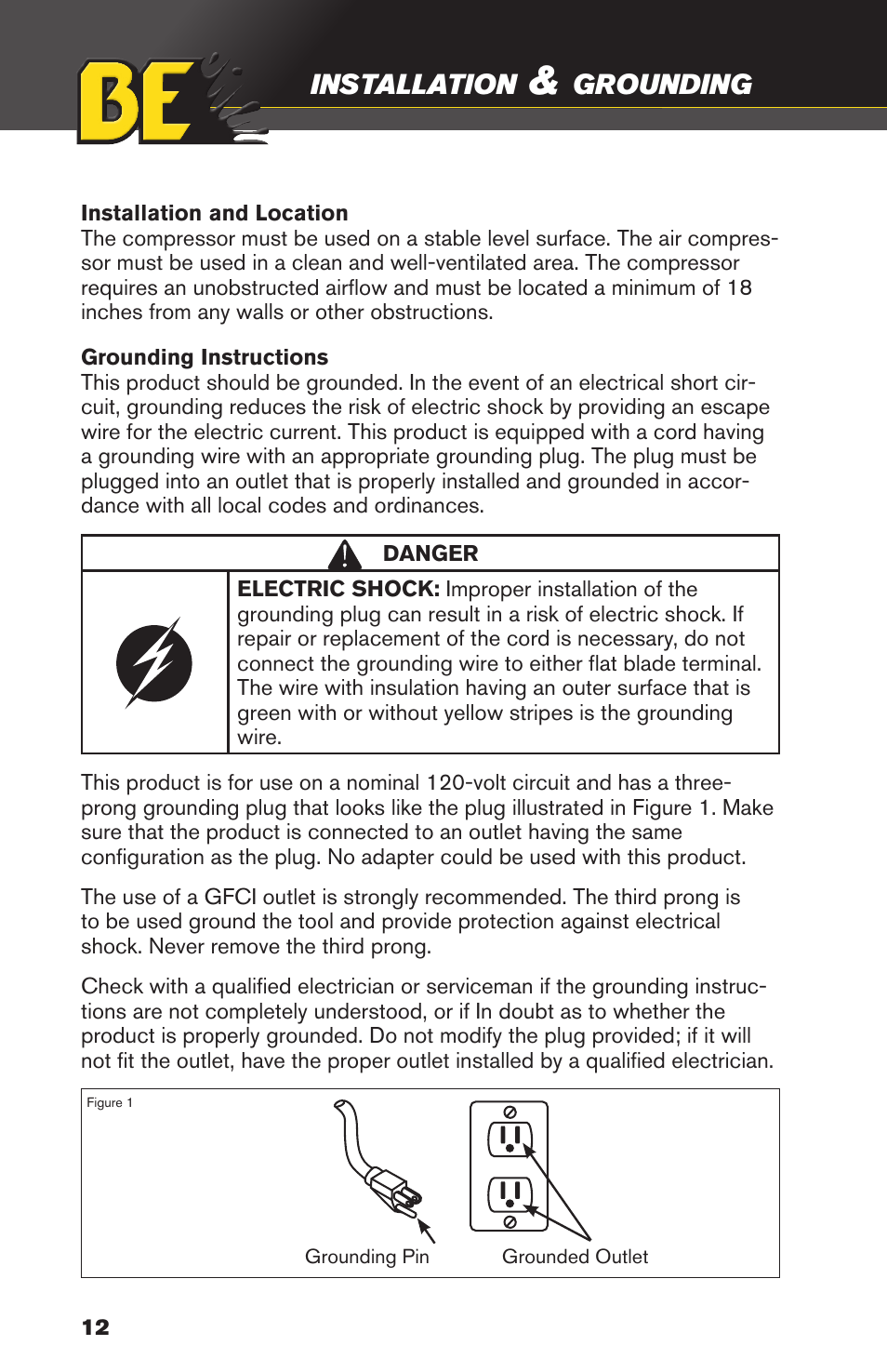 Installation, Grounding | BE Pressure supply 4 Gallon Horizontal Air Compressor AC204 User Manual | Page 12 / 24