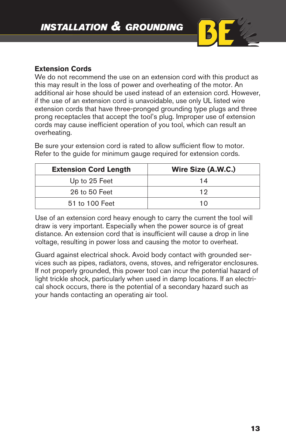 Installation, Grounding | BE Pressure supply 4 Gallon Horizontal Air Compressor AC204 User Manual | Page 13 / 24