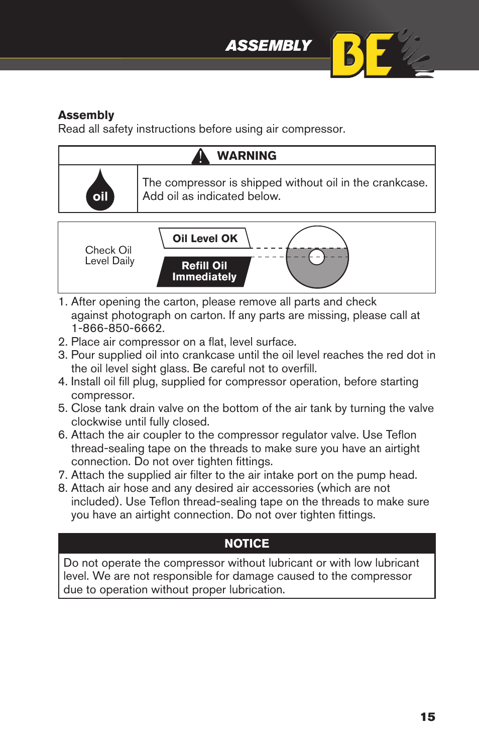 Assembly | BE Pressure supply 4 Gallon Horizontal Air Compressor AC204 User Manual | Page 15 / 24