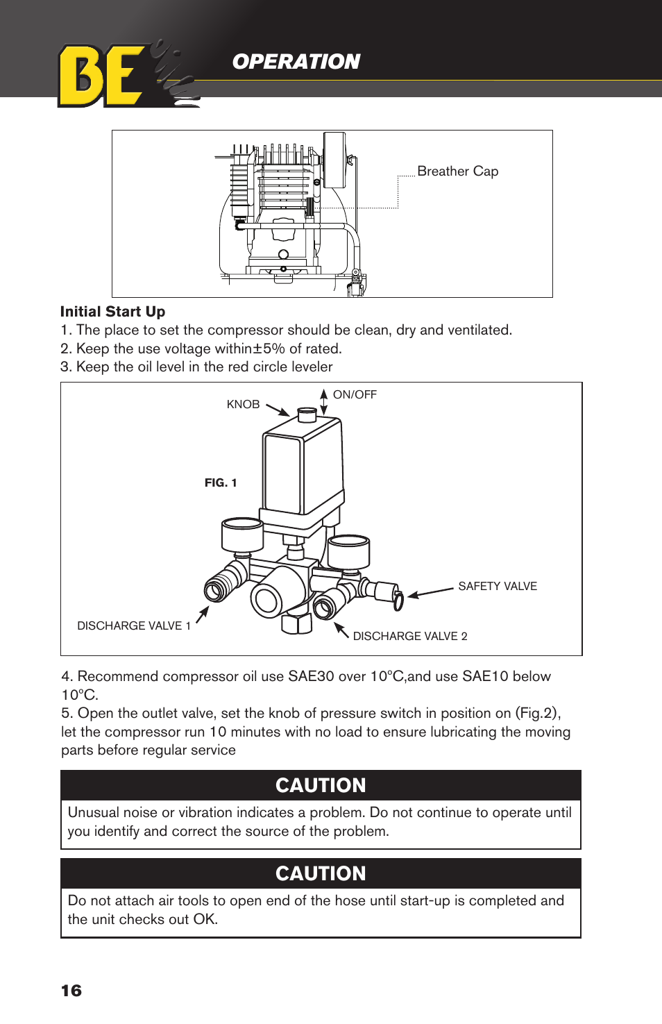 Operation, Caution | BE Pressure supply 4 Gallon Horizontal Air Compressor AC204 User Manual | Page 16 / 24