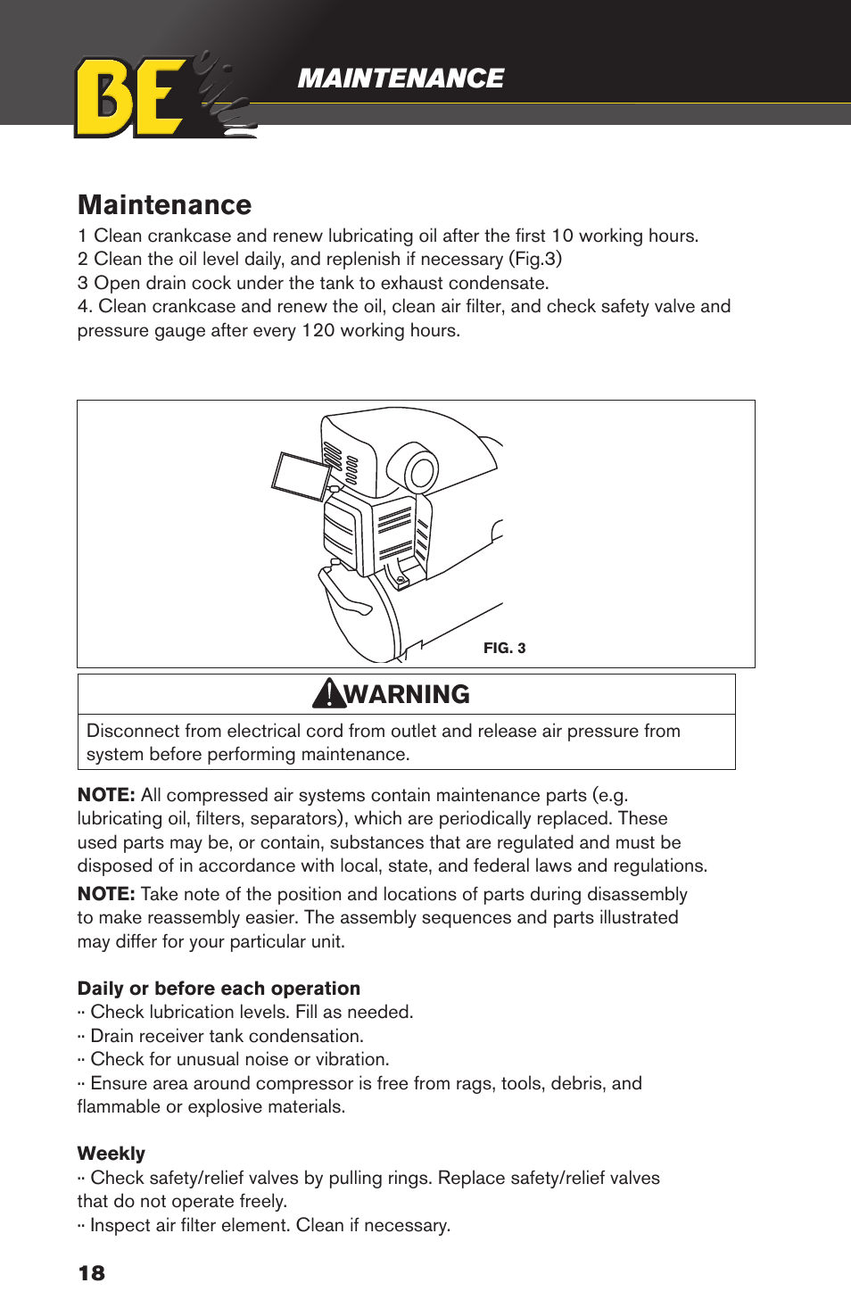 Maintenance, Caution, Warning | BE Pressure supply 4 Gallon Horizontal Air Compressor AC204 User Manual | Page 18 / 24