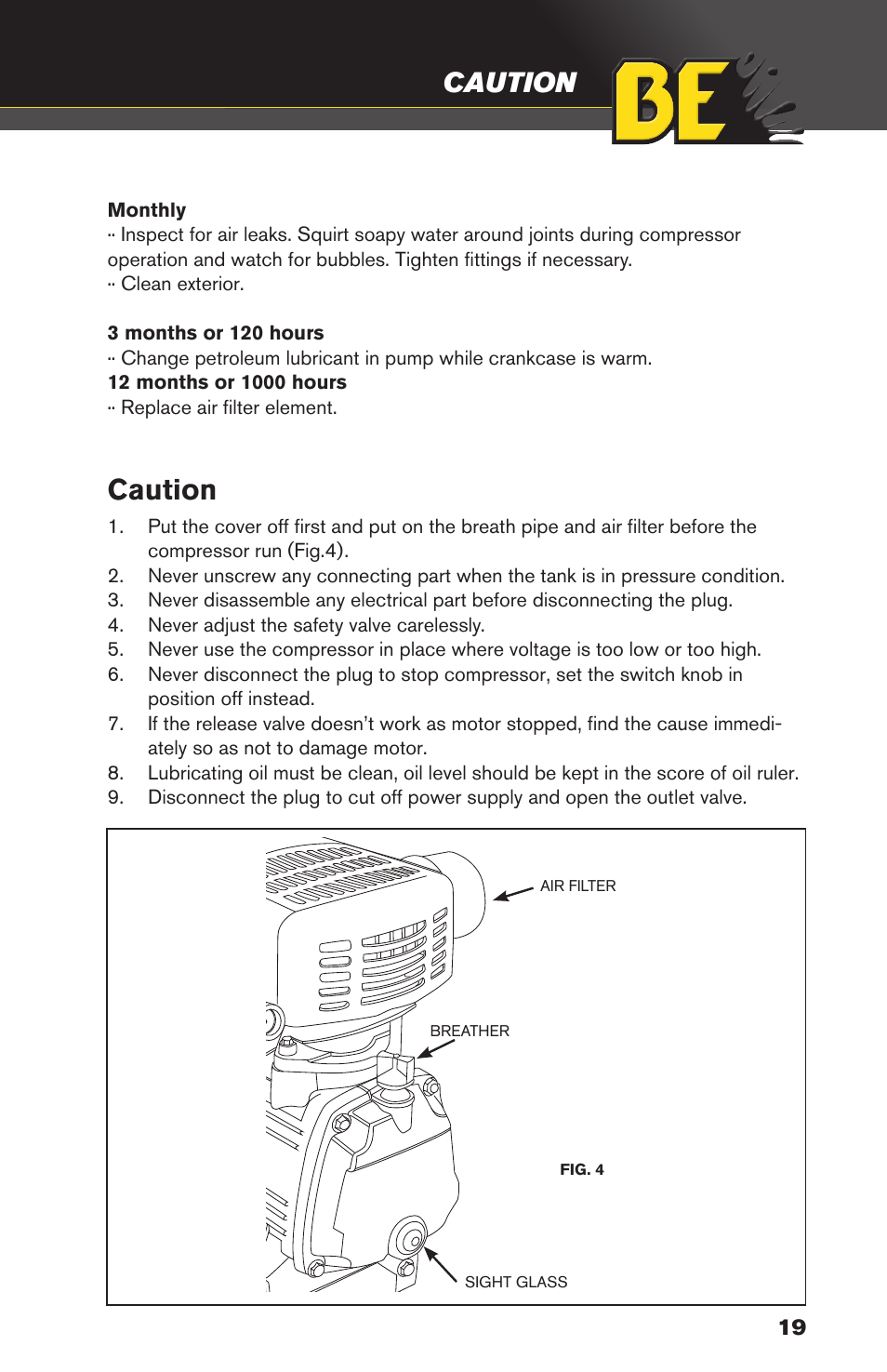 Caution, Maintenance caution | BE Pressure supply 4 Gallon Horizontal Air Compressor AC204 User Manual | Page 19 / 24