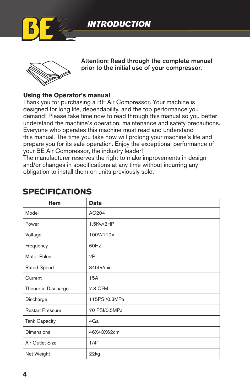 Specifications, Introduction | BE Pressure supply 4 Gallon Horizontal Air Compressor AC204 User Manual | Page 4 / 24