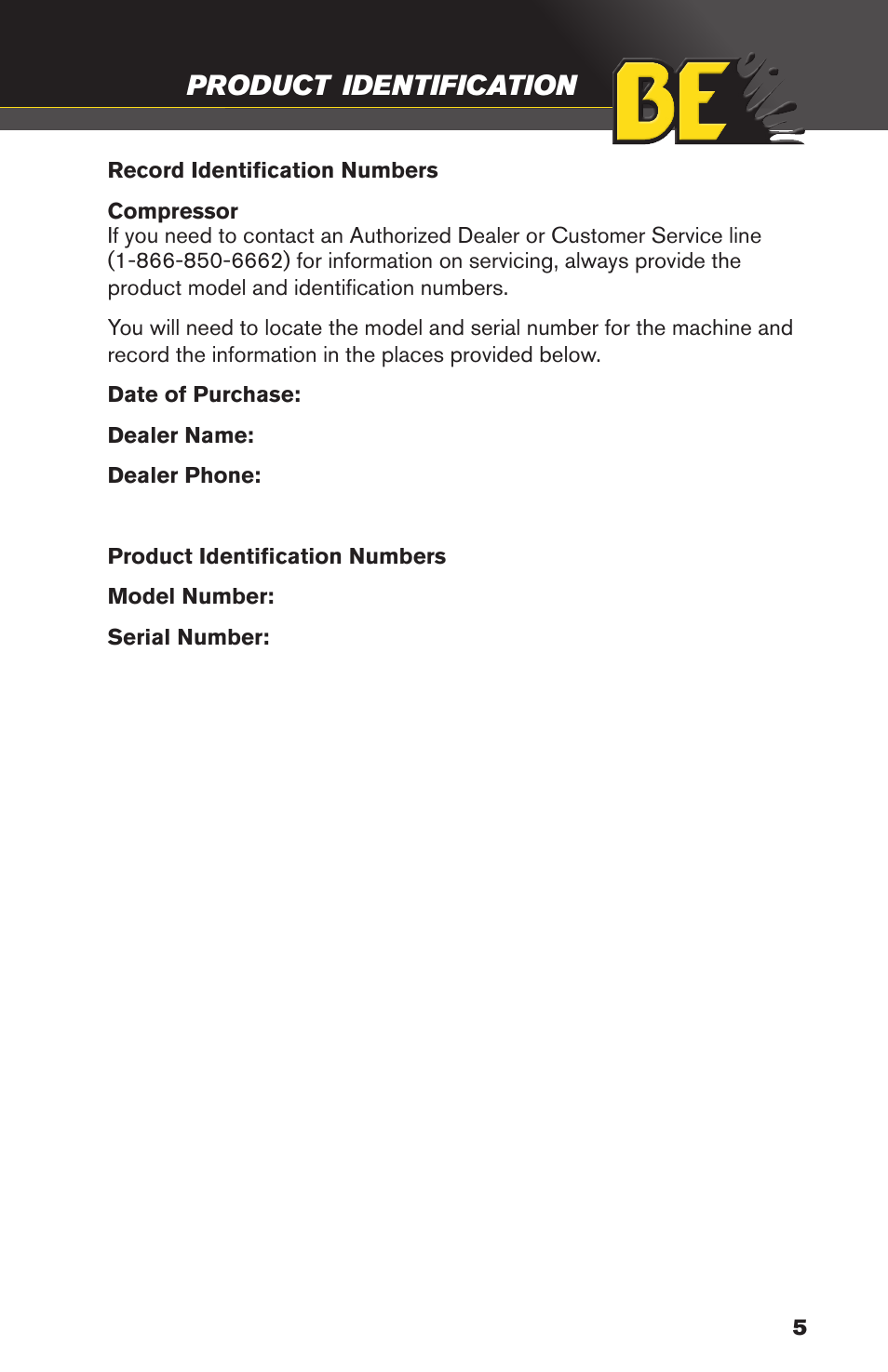 Product, Identification | BE Pressure supply 4 Gallon Horizontal Air Compressor AC204 User Manual | Page 5 / 24