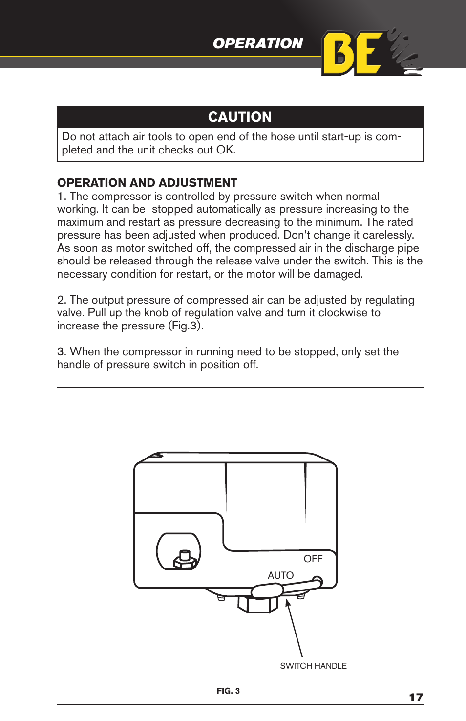 Operation, Caution | BE Pressure supply 5 Gallon Twin Tank Air Compressor AC205X User Manual | Page 17 / 24