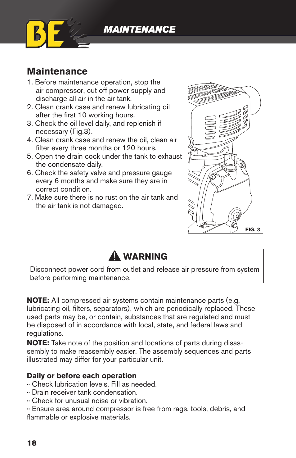 Maintenance, Caution, Warning | BE Pressure supply 5 Gallon Twin Tank Air Compressor AC205X User Manual | Page 18 / 24