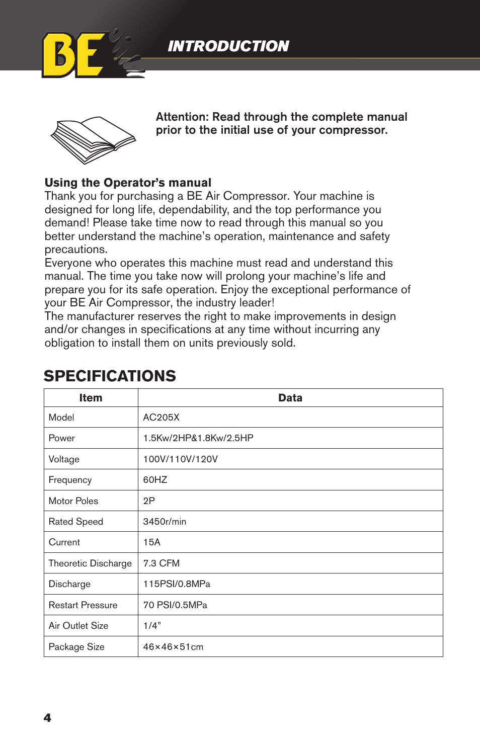 Specifications, Introduction | BE Pressure supply 5 Gallon Twin Tank Air Compressor AC205X User Manual | Page 4 / 24