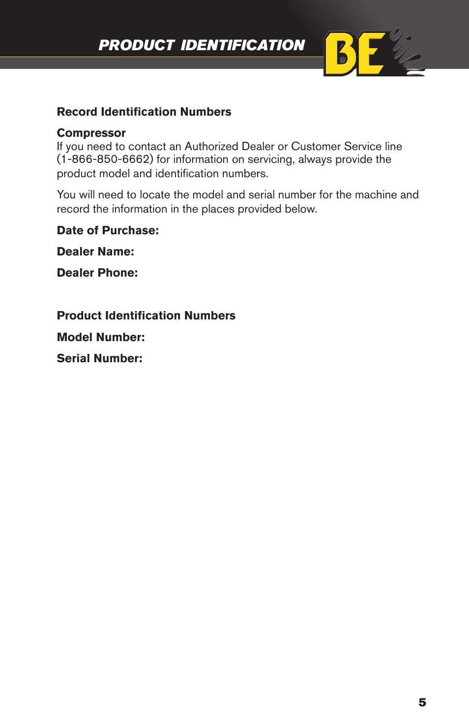 Product, Identification | BE Pressure supply 5 Gallon Twin Tank Air Compressor AC205X User Manual | Page 5 / 24