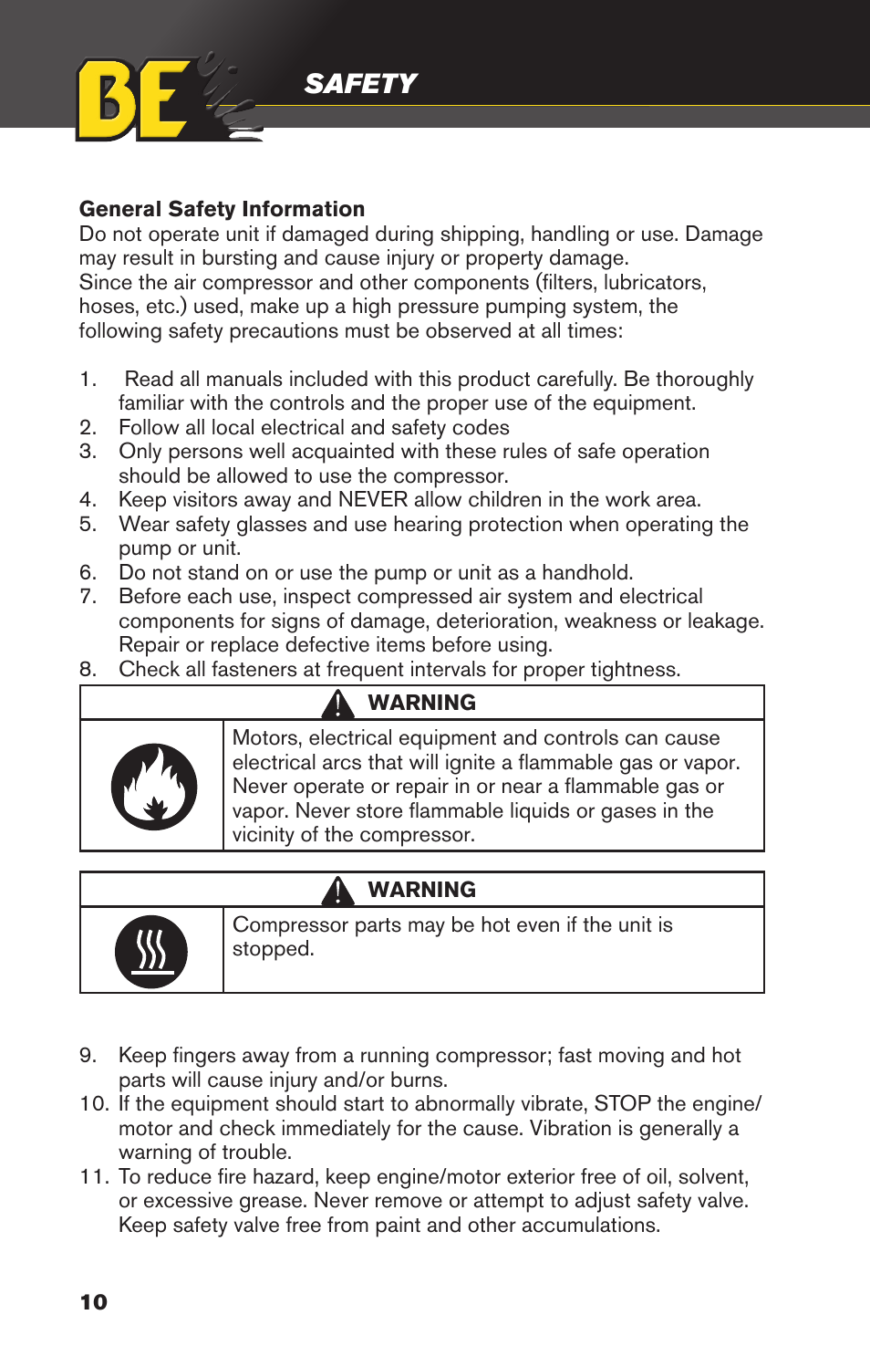 Safety | BE Pressure supply 10 Gallon Vertical Air Compressor AC2010 User Manual | Page 10 / 24