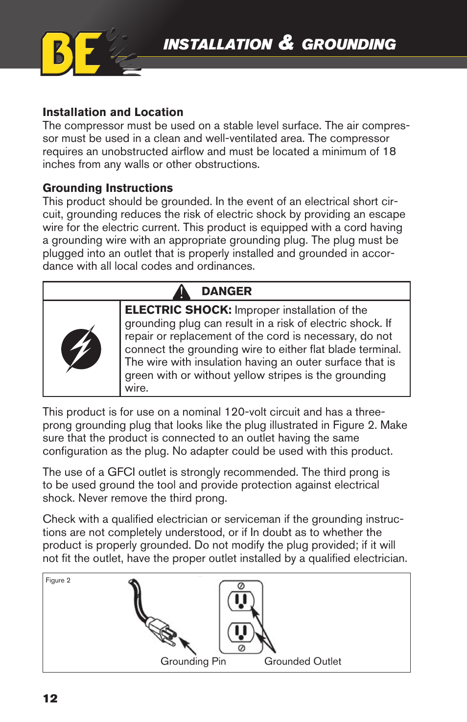 Installation, Grounding | BE Pressure supply 10 Gallon Vertical Air Compressor AC2010 User Manual | Page 12 / 24