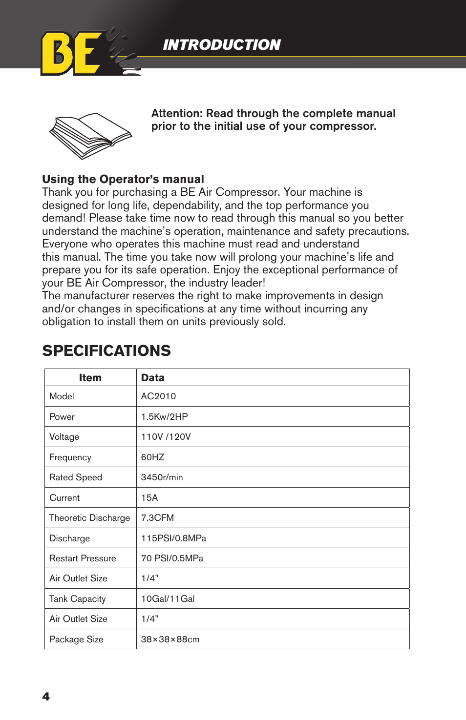 Specifications, Introduction | BE Pressure supply 10 Gallon Vertical Air Compressor AC2010 User Manual | Page 4 / 24