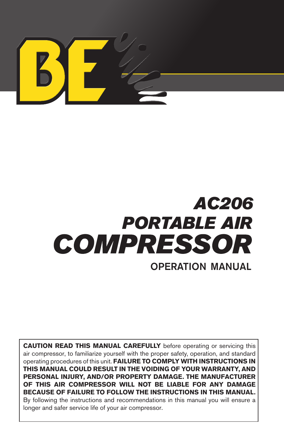 BE Pressure supply 6 Gallon Horizontal Air Compressor AC206 User Manual | 24 pages