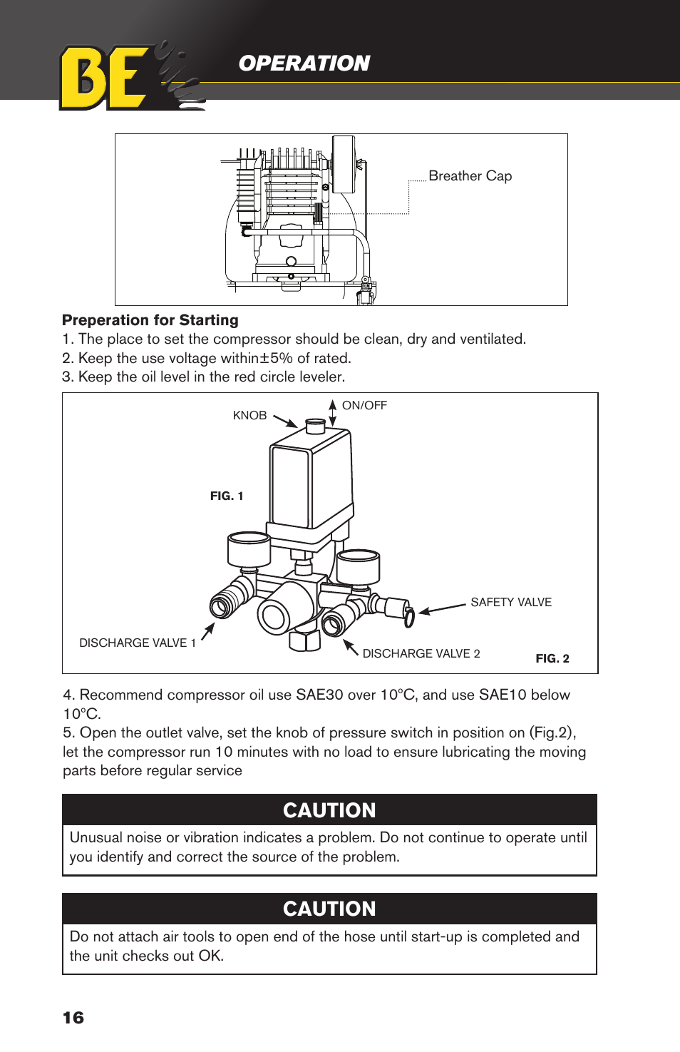 Operation, Caution | BE Pressure supply 6 Gallon Horizontal Air Compressor AC206 User Manual | Page 16 / 24