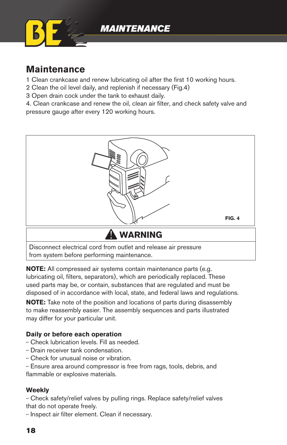 Maintenance, Caution, Warning | BE Pressure supply 6 Gallon Horizontal Air Compressor AC206 User Manual | Page 18 / 24