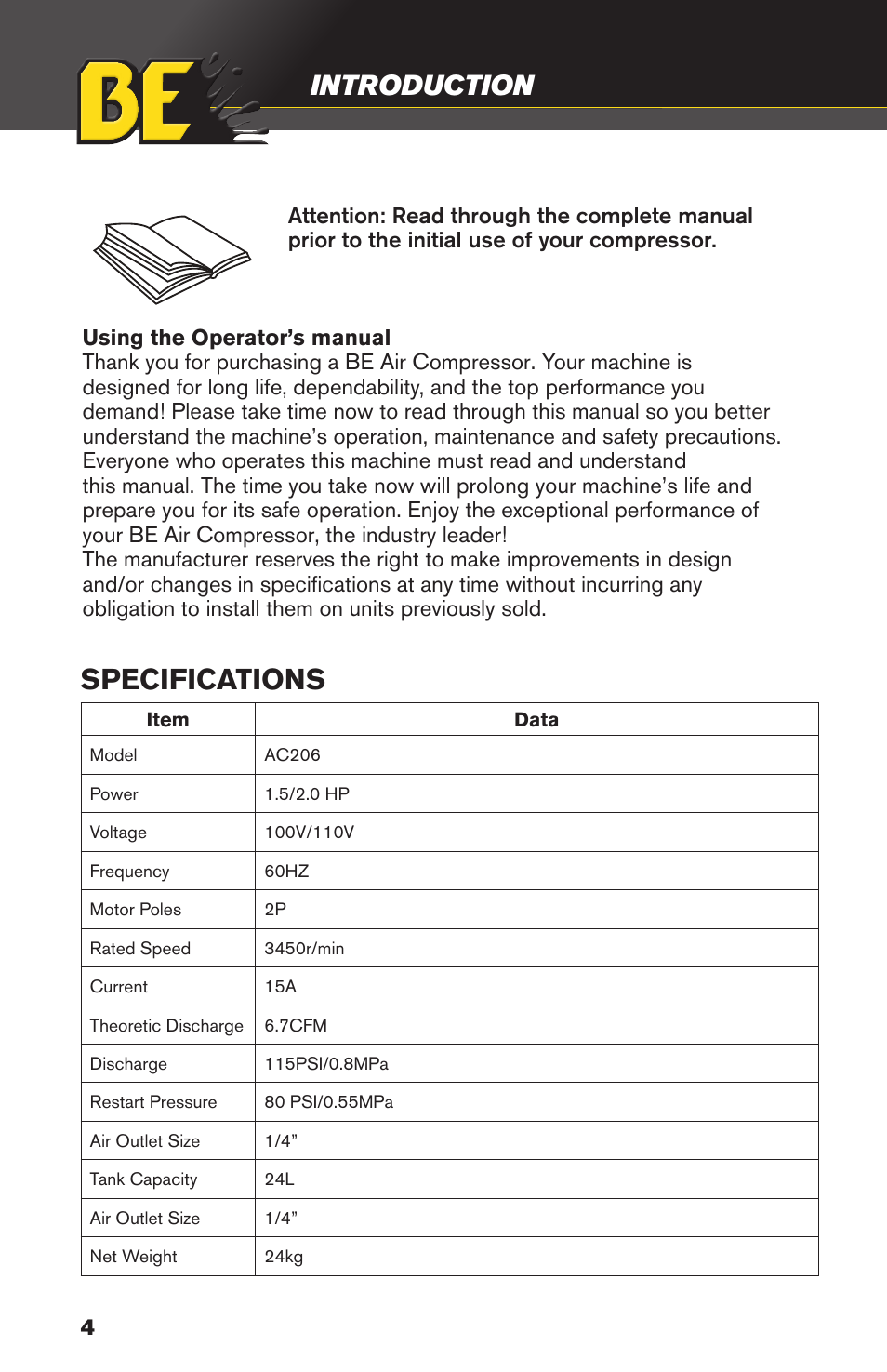 Specifications, Introduction | BE Pressure supply 6 Gallon Horizontal Air Compressor AC206 User Manual | Page 4 / 24