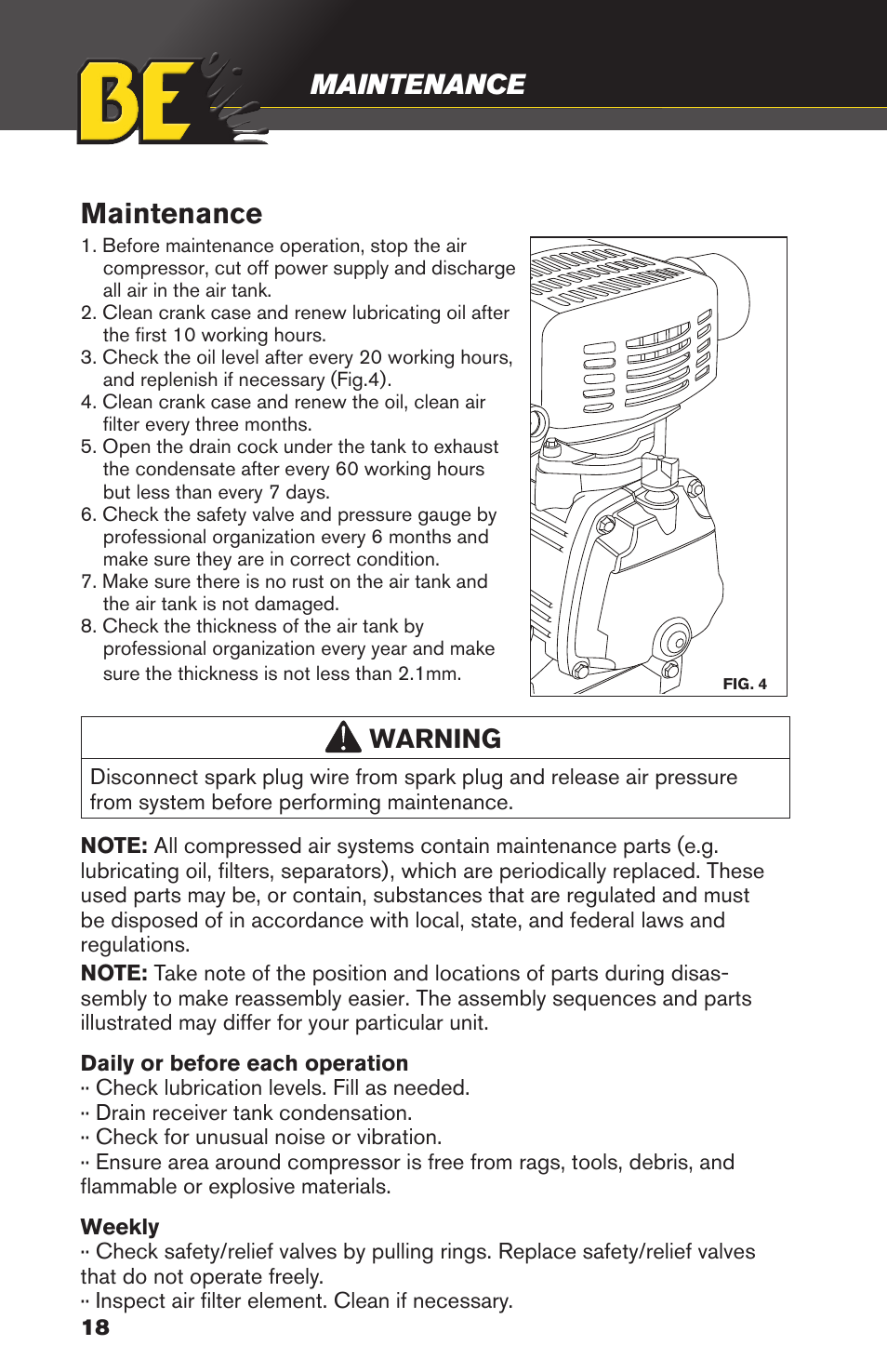 Maintenance, Caution, Warning | BE Pressure supply 20 Gallon Vertical Air Compressor AC2020 User Manual | Page 18 / 24