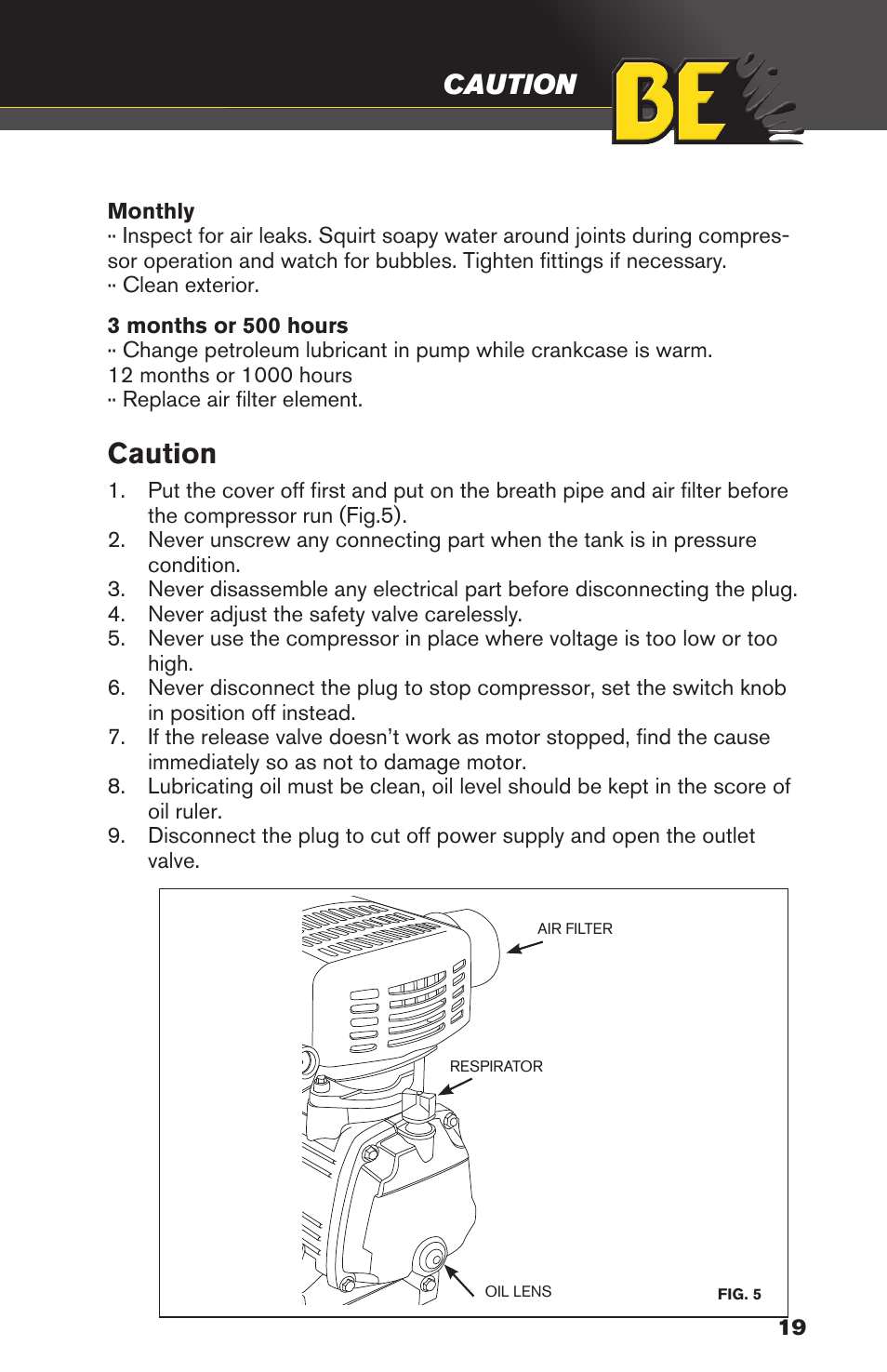 Caution, Maintenance caution | BE Pressure supply 20 Gallon Vertical Air Compressor AC2020 User Manual | Page 19 / 24