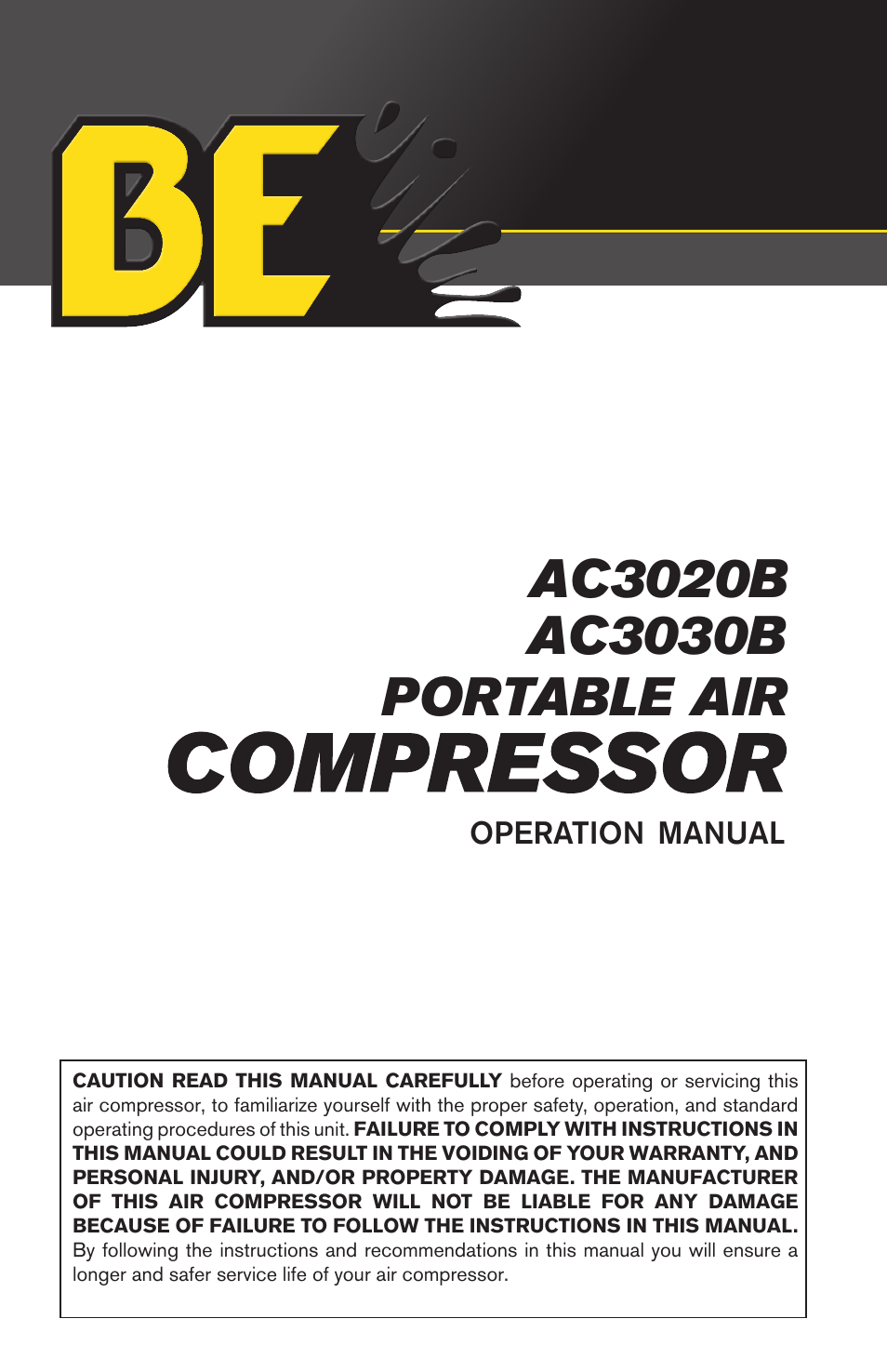 BE Pressure supply 30 Gallon Vertical Air Compressor AC3030B User Manual | 24 pages