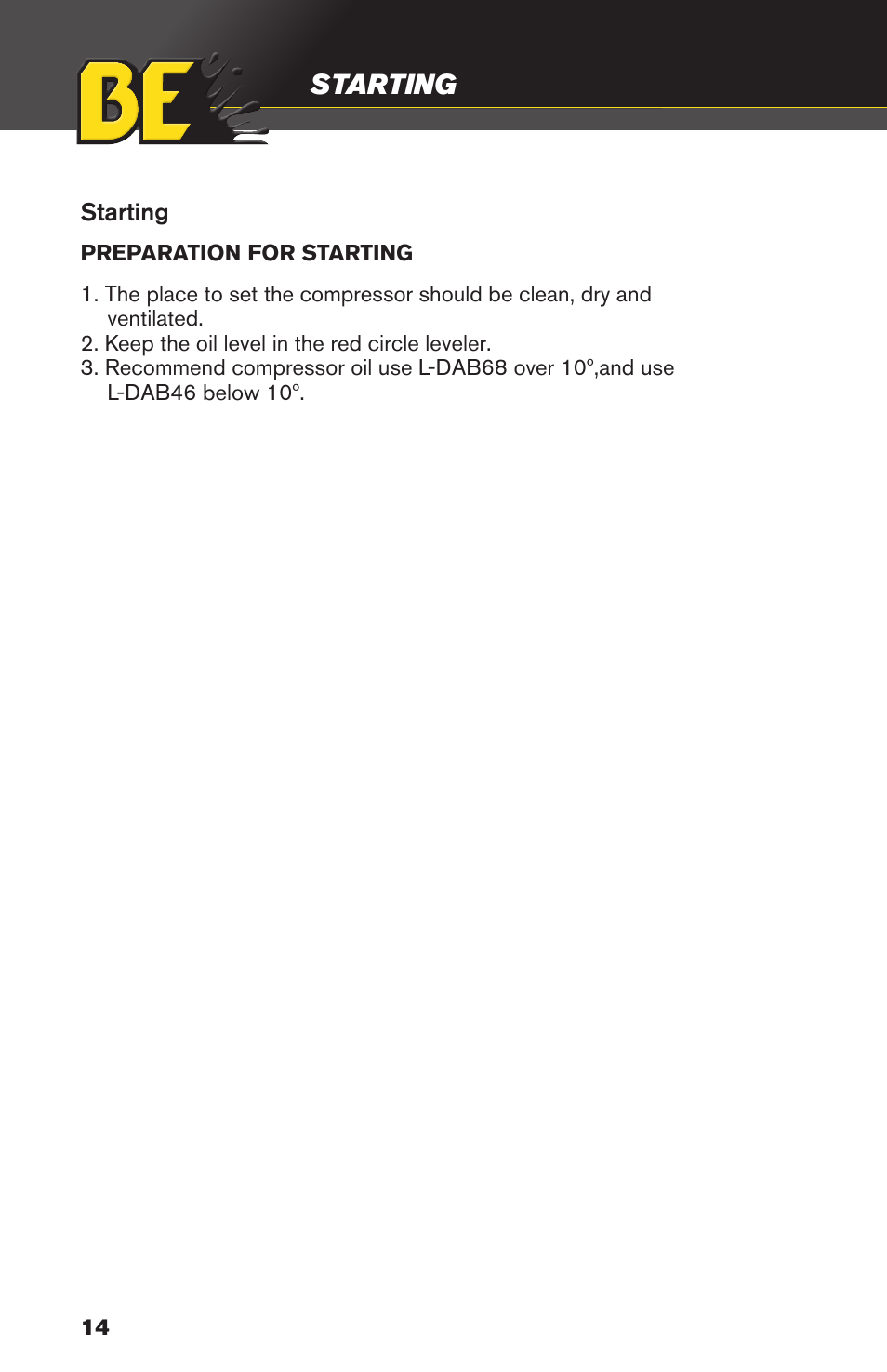 Starting | BE Pressure supply 30 Gallon Vertical Air Compressor AC3030B User Manual | Page 14 / 24