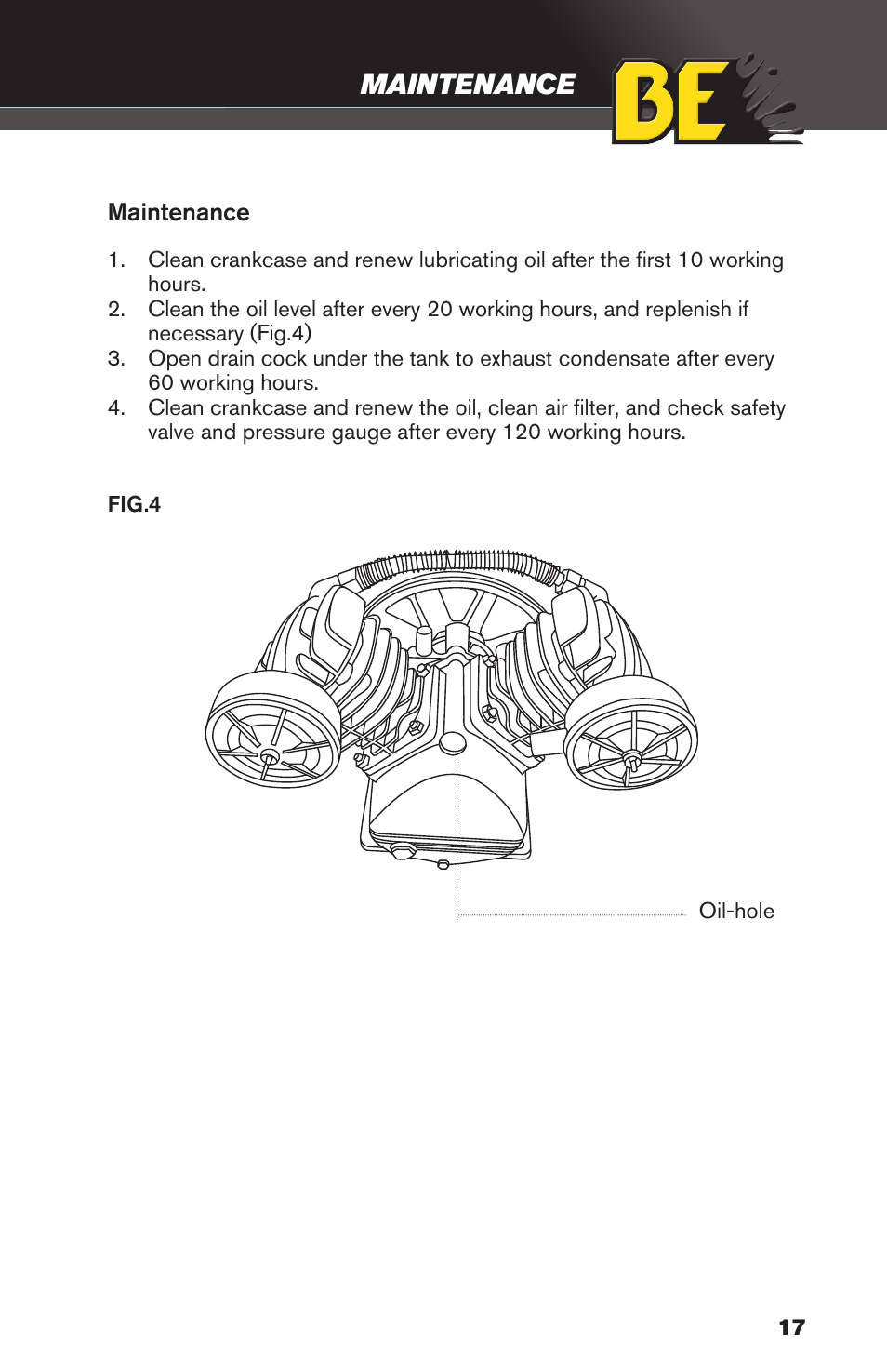 Maintenance | BE Pressure supply 30 Gallon Vertical Air Compressor AC3030B User Manual | Page 17 / 24