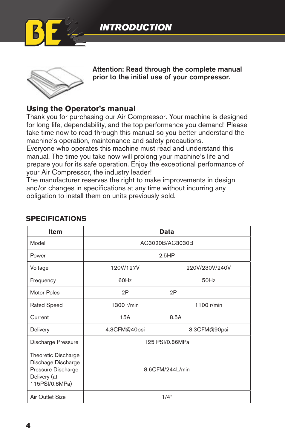 Introduction, Using the operator’s manual | BE Pressure supply 30 Gallon Vertical Air Compressor AC3030B User Manual | Page 4 / 24