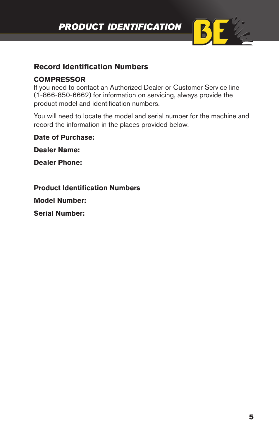 Product, Identification | BE Pressure supply 30 Gallon Vertical Air Compressor AC3030B User Manual | Page 5 / 24