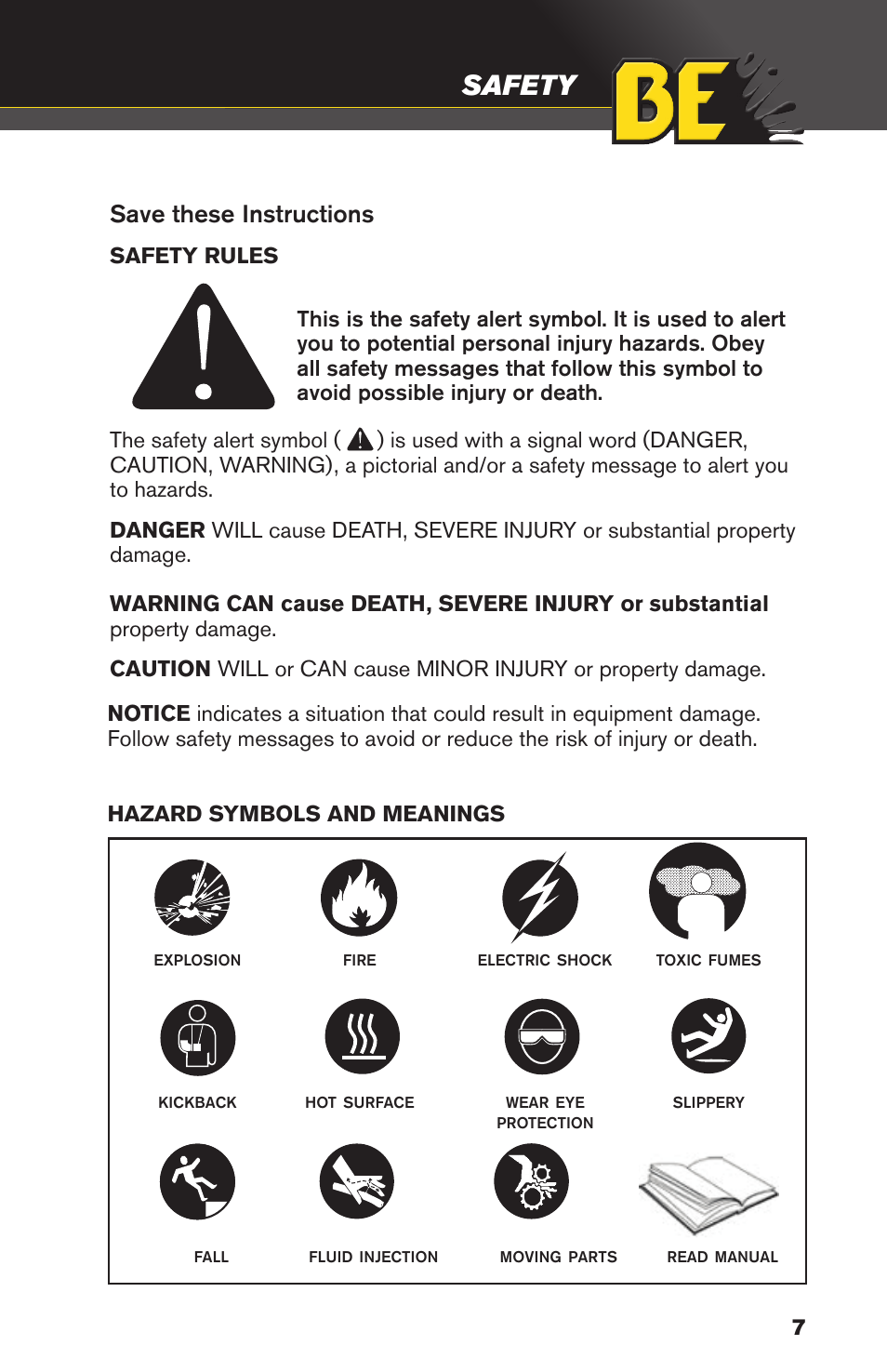 Safety, Save these instructions | BE Pressure supply 30 Gallon Vertical Air Compressor AC3030B User Manual | Page 7 / 24