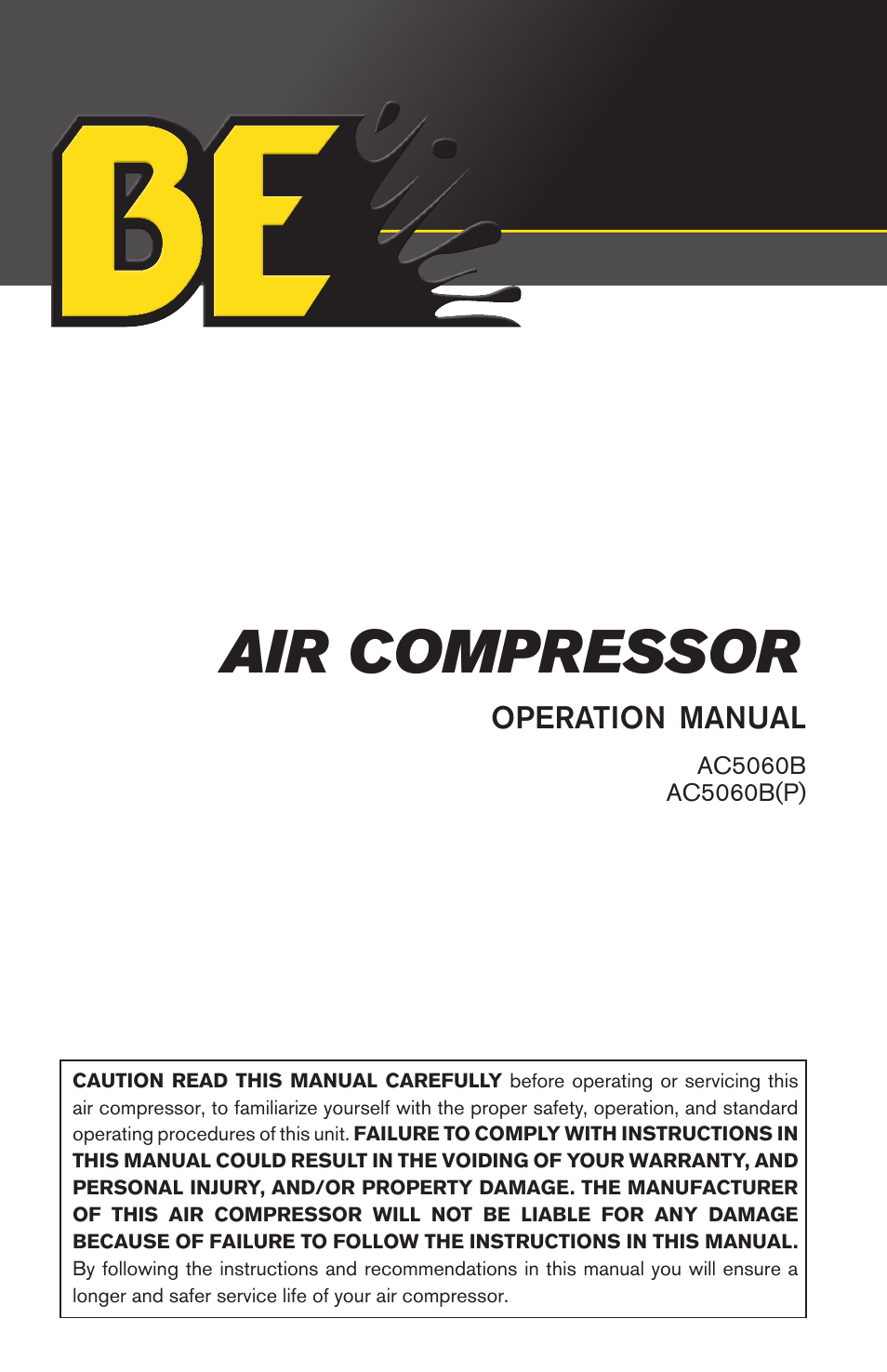 BE Pressure supply 60 Gallon Air Compressor AC5060BP User Manual | 20 pages