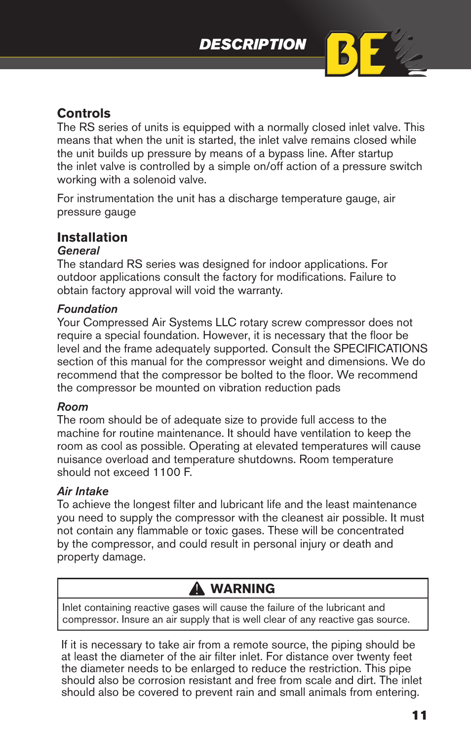 Description | BE Pressure supply 80 Gallon Enclosed Rotary Screw Compressor AC1080SQ User Manual | Page 11 / 37