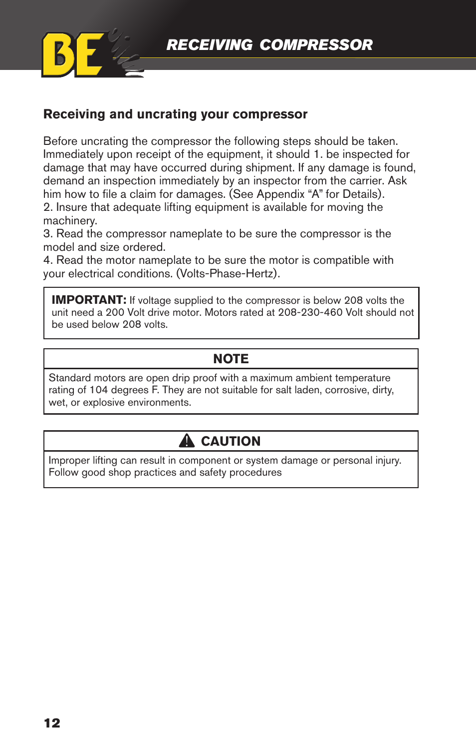 Receiving, Compressor | BE Pressure supply 80 Gallon Enclosed Rotary Screw Compressor AC1080SQ User Manual | Page 12 / 37