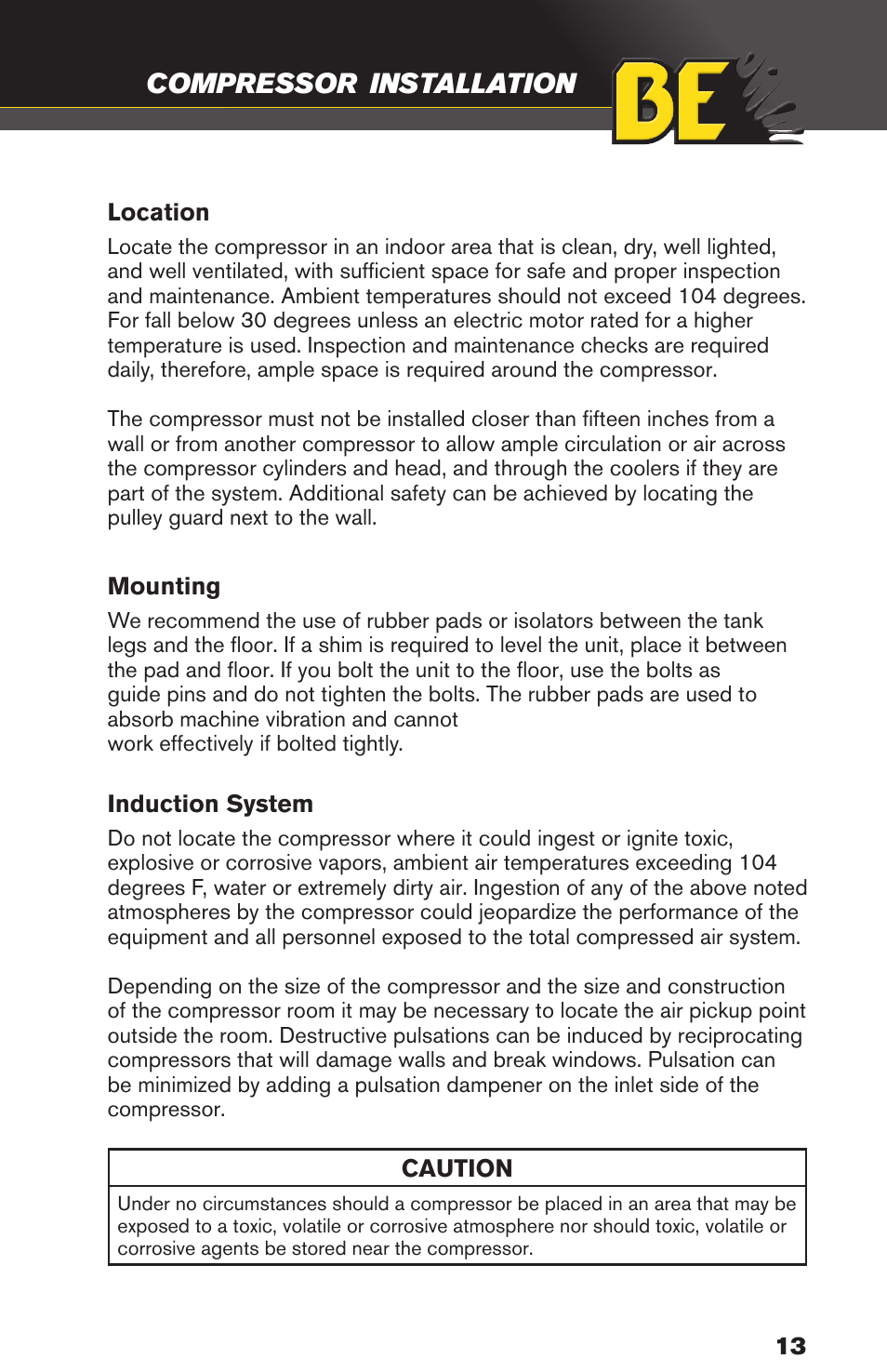 Compressor, Installation | BE Pressure supply 80 Gallon Enclosed Rotary Screw Compressor AC1080SQ User Manual | Page 13 / 37