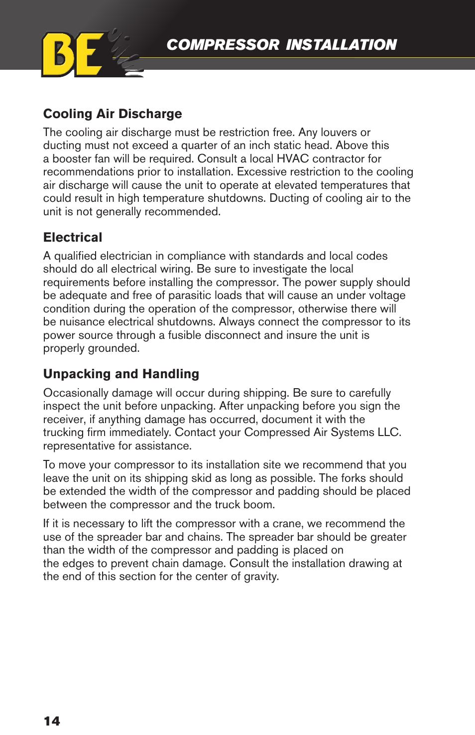 Compressor, Installation | BE Pressure supply 80 Gallon Enclosed Rotary Screw Compressor AC1080SQ User Manual | Page 14 / 37