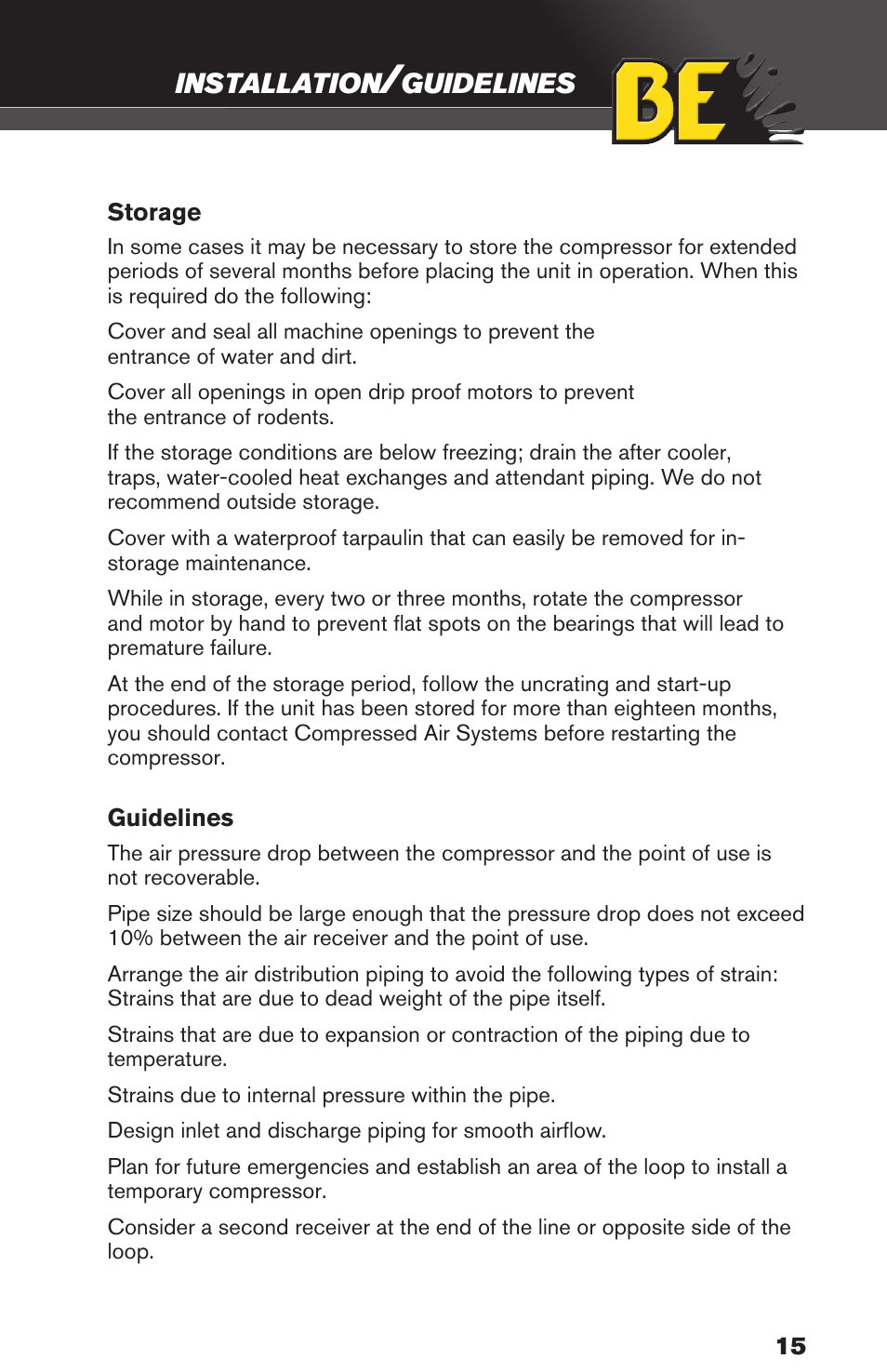 Installation, Guidelines | BE Pressure supply 80 Gallon Enclosed Rotary Screw Compressor AC1080SQ User Manual | Page 15 / 37