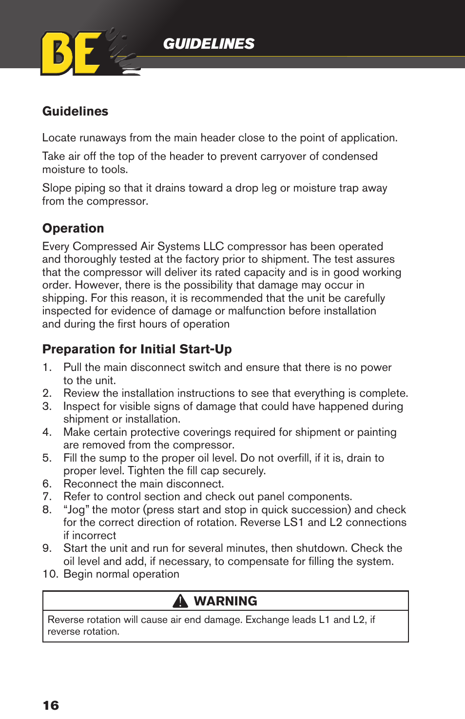 Guidelines | BE Pressure supply 80 Gallon Enclosed Rotary Screw Compressor AC1080SQ User Manual | Page 16 / 37