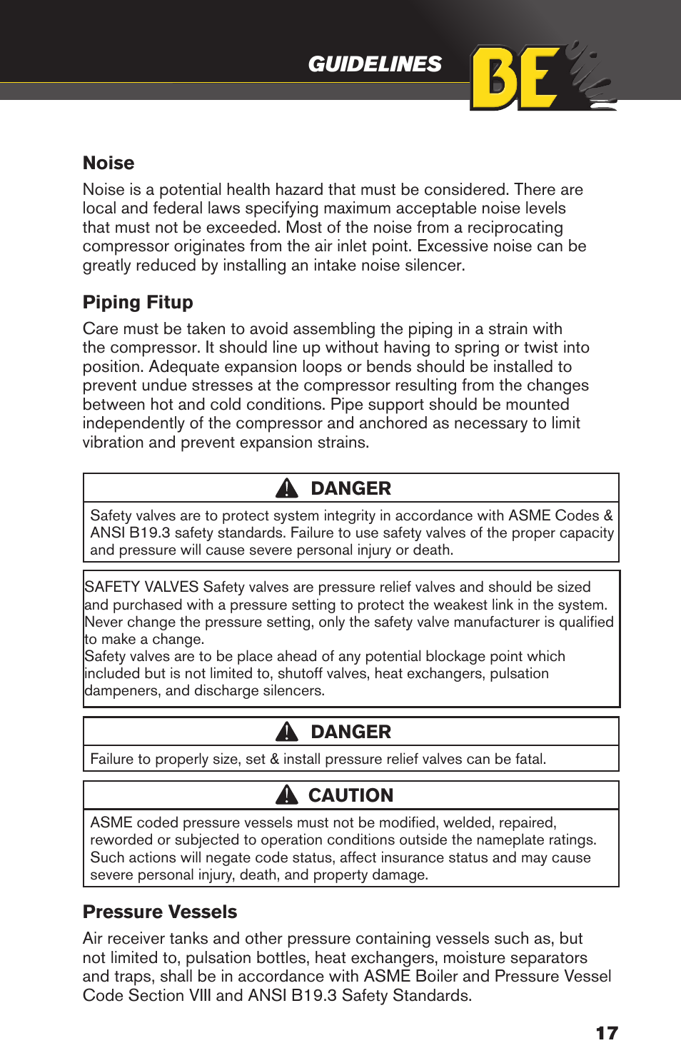 Guidelines | BE Pressure supply 80 Gallon Enclosed Rotary Screw Compressor AC1080SQ User Manual | Page 17 / 37