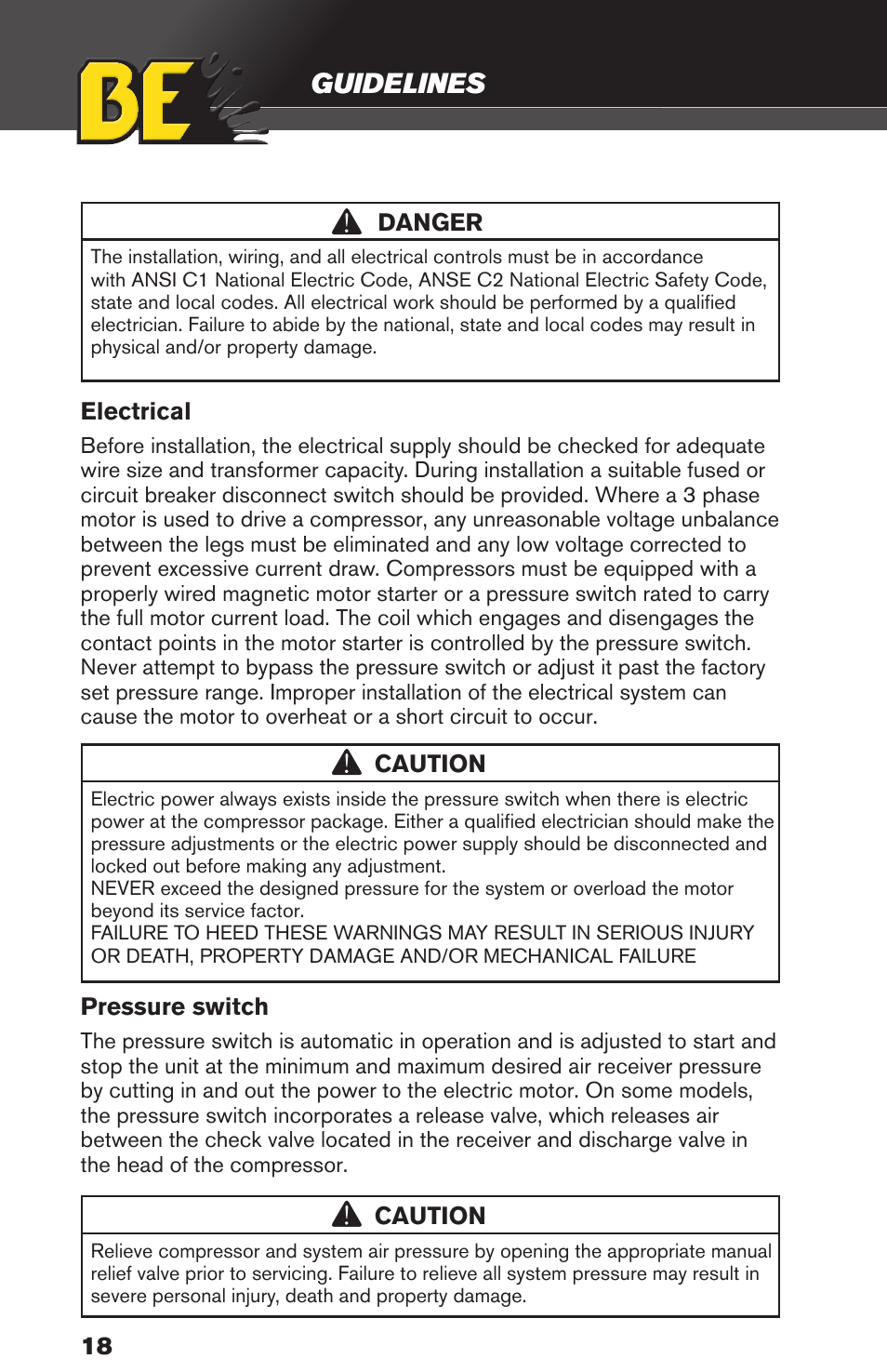 Guidelines | BE Pressure supply 80 Gallon Enclosed Rotary Screw Compressor AC1080SQ User Manual | Page 18 / 37