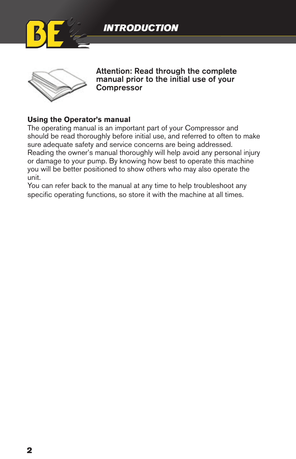 Introduction | BE Pressure supply 80 Gallon Enclosed Rotary Screw Compressor AC1080SQ User Manual | Page 2 / 37