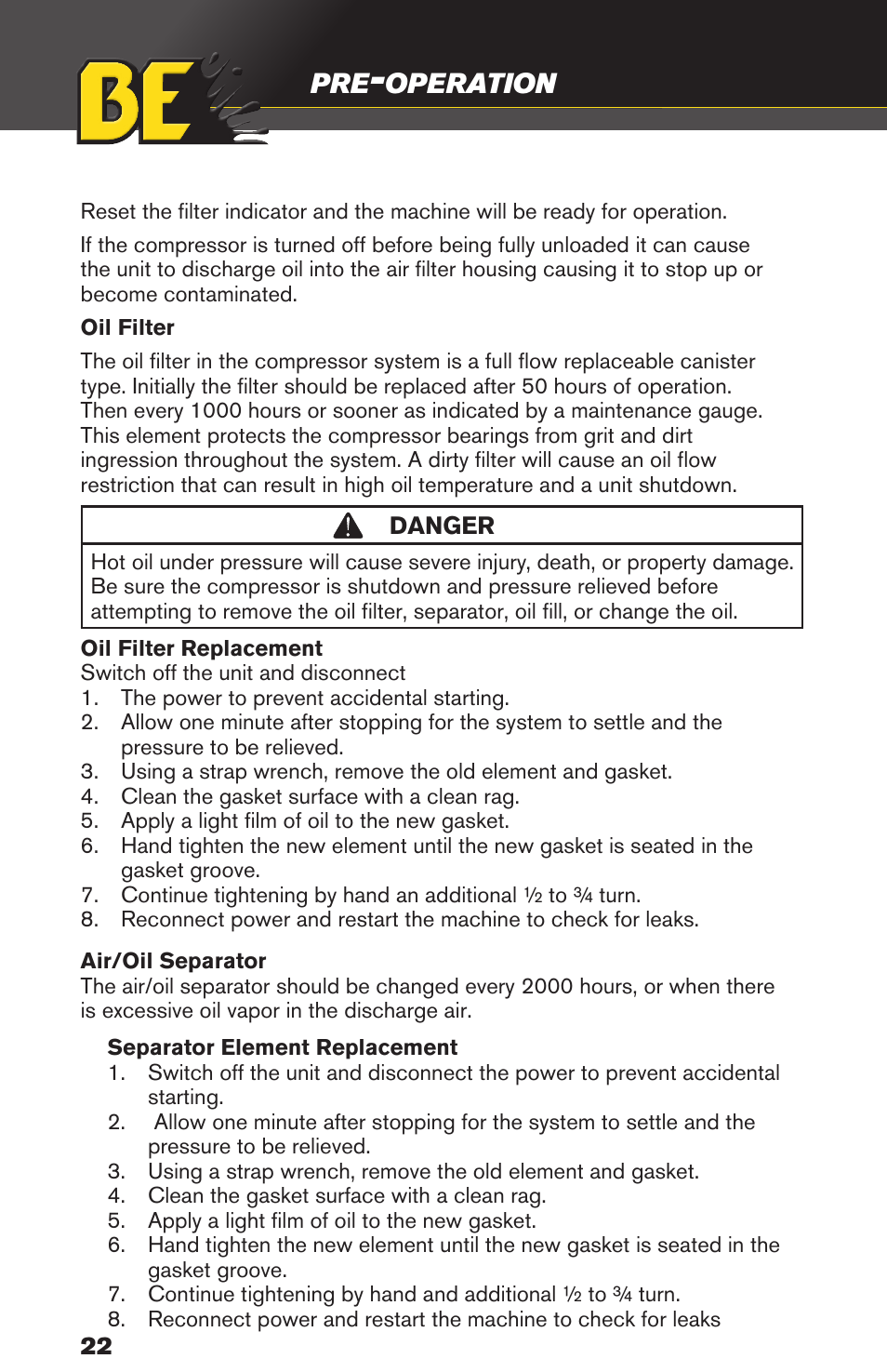 Operation | BE Pressure supply 80 Gallon Enclosed Rotary Screw Compressor AC1080SQ User Manual | Page 22 / 37