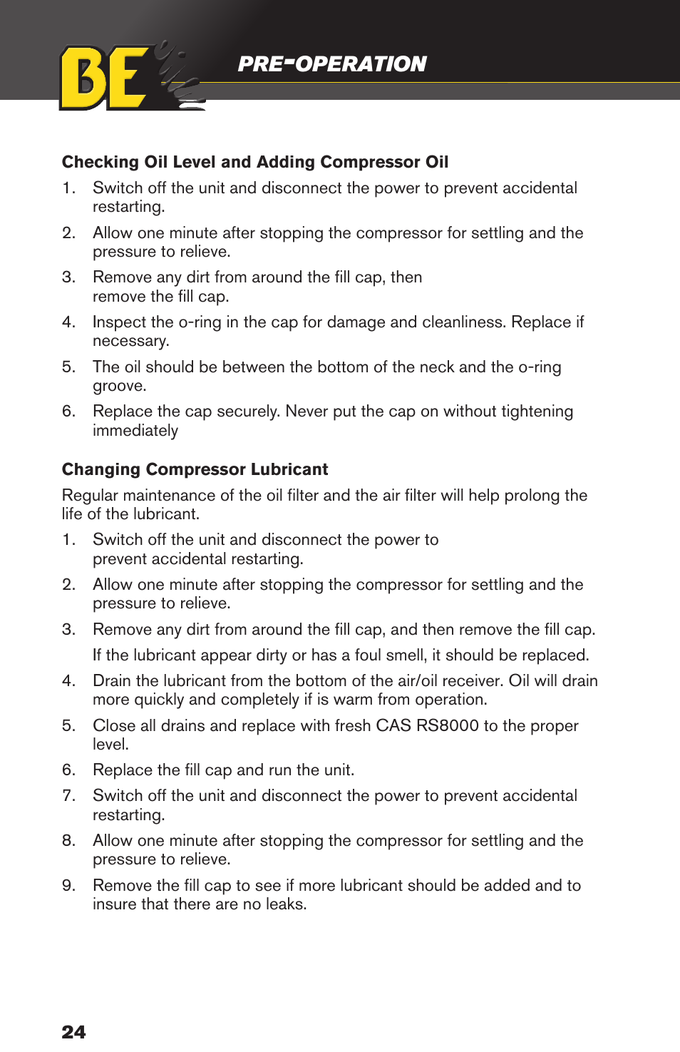 Operation | BE Pressure supply 80 Gallon Enclosed Rotary Screw Compressor AC1080SQ User Manual | Page 24 / 37