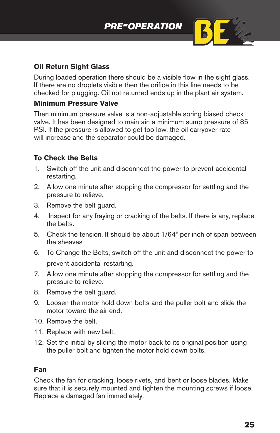 Operation | BE Pressure supply 80 Gallon Enclosed Rotary Screw Compressor AC1080SQ User Manual | Page 25 / 37