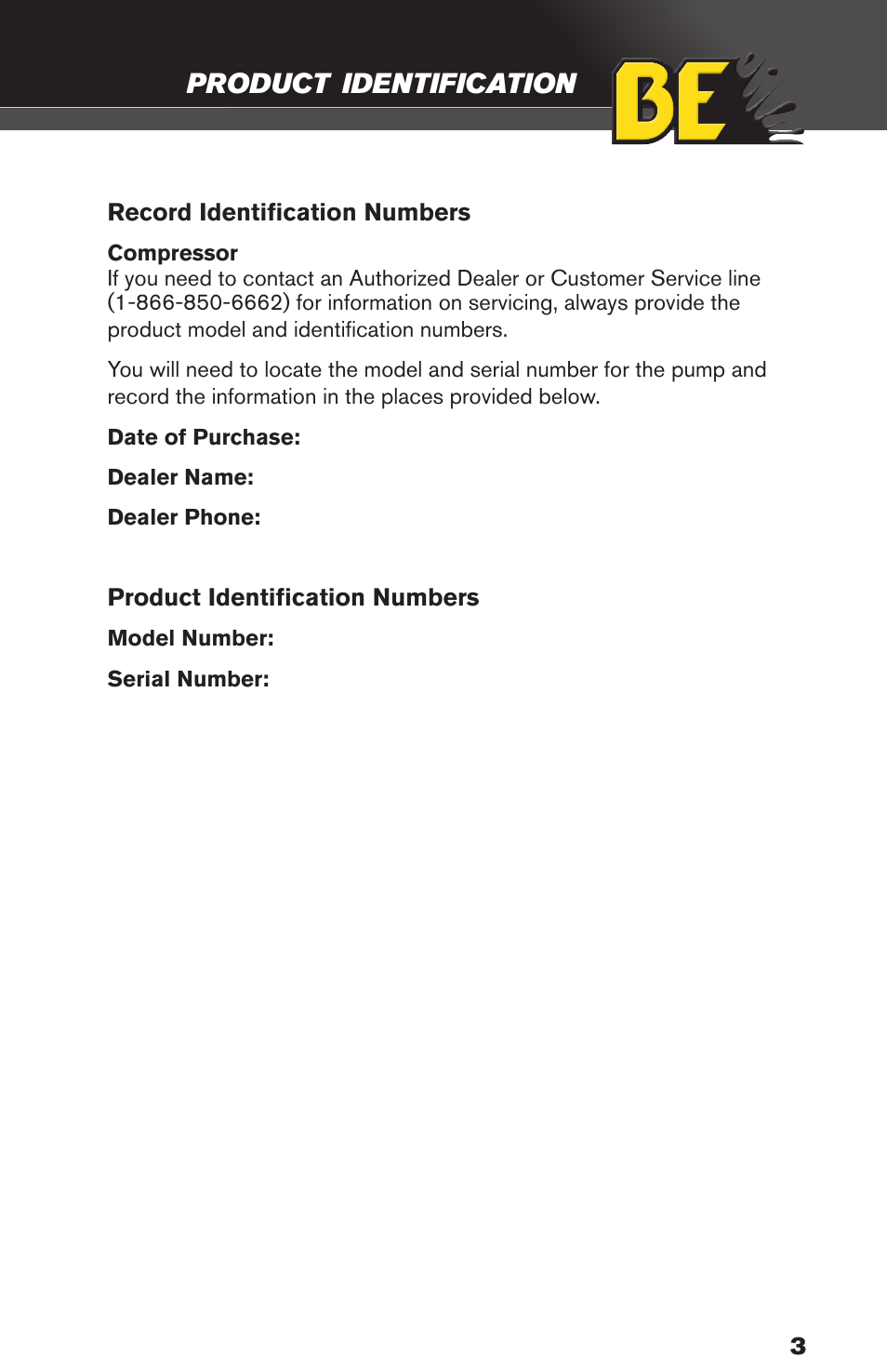 Product, Identification | BE Pressure supply 80 Gallon Enclosed Rotary Screw Compressor AC1080SQ User Manual | Page 3 / 37