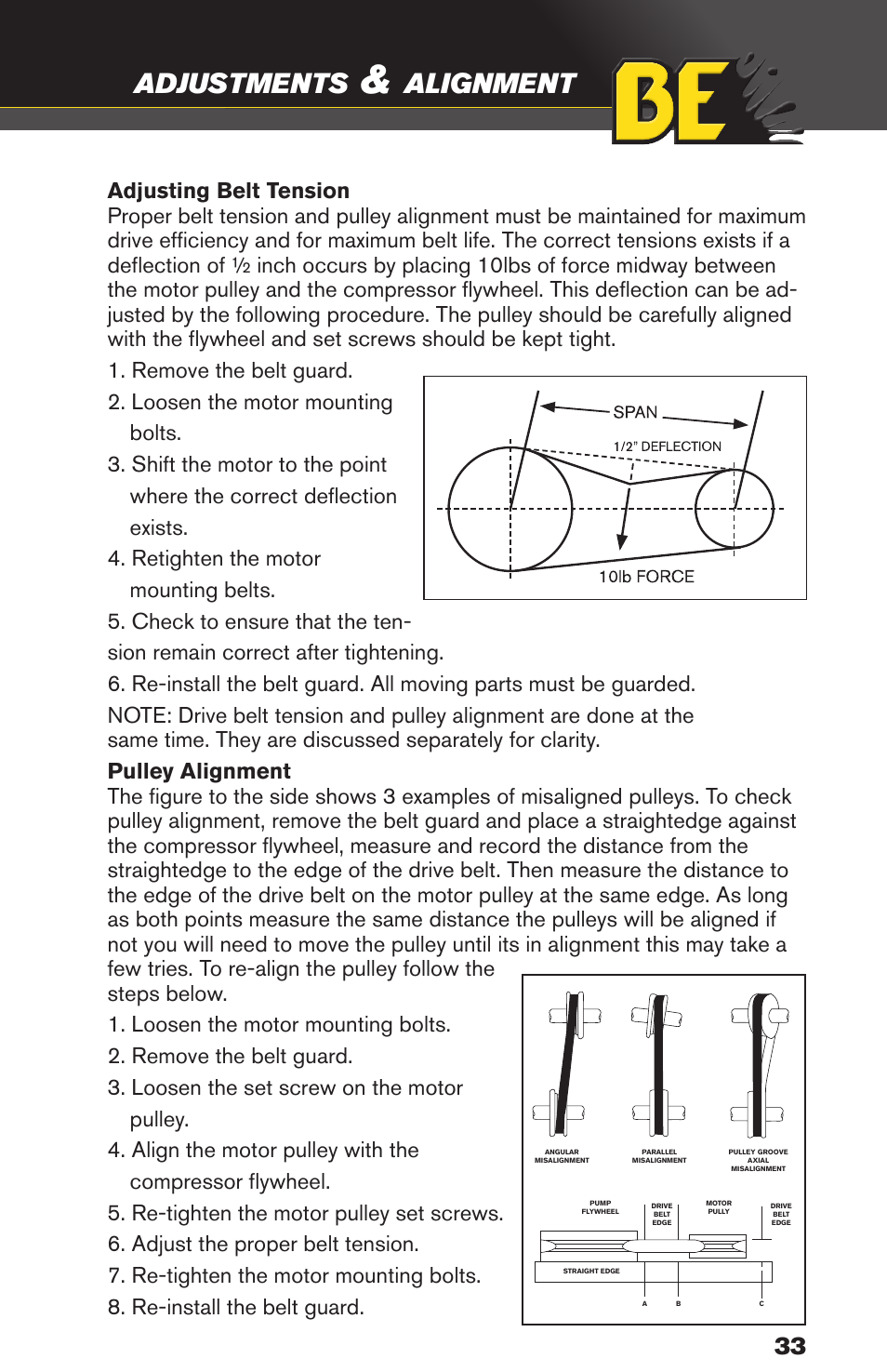 Adjustments, Alignment | BE Pressure supply 80 Gallon Enclosed Rotary Screw Compressor AC1080SQ User Manual | Page 33 / 37