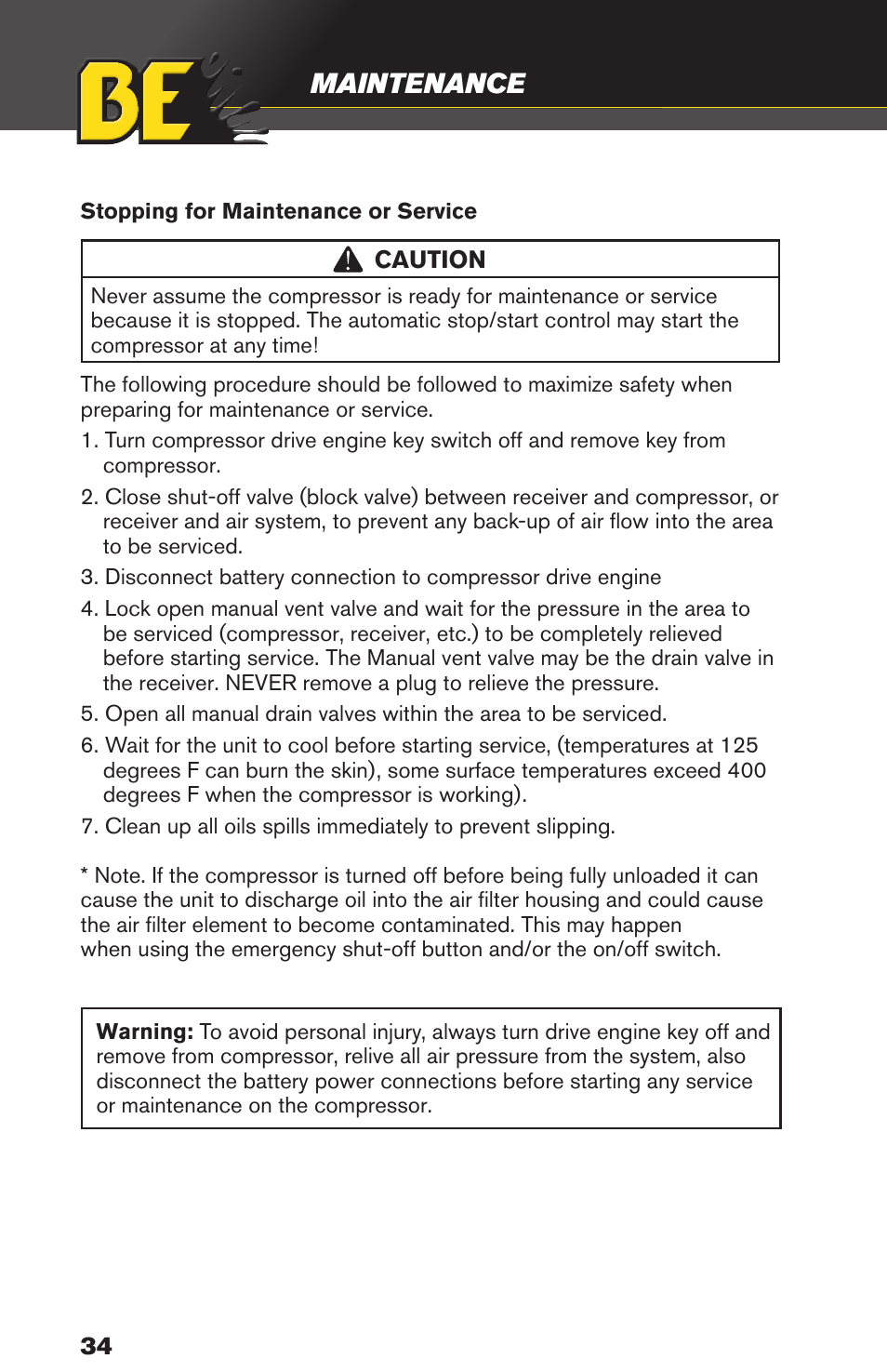 Maintenance | BE Pressure supply 80 Gallon Enclosed Rotary Screw Compressor AC1080SQ User Manual | Page 34 / 37