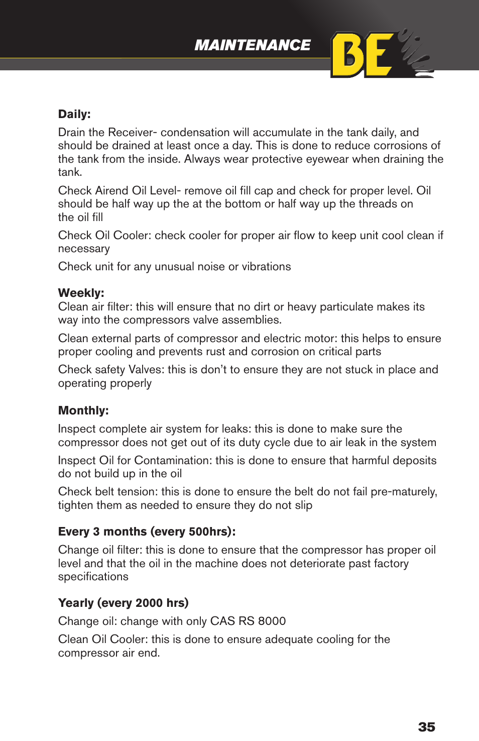 Maintenance | BE Pressure supply 80 Gallon Enclosed Rotary Screw Compressor AC1080SQ User Manual | Page 35 / 37