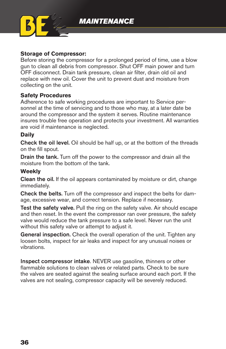 Maintenance | BE Pressure supply 80 Gallon Enclosed Rotary Screw Compressor AC1080SQ User Manual | Page 36 / 37