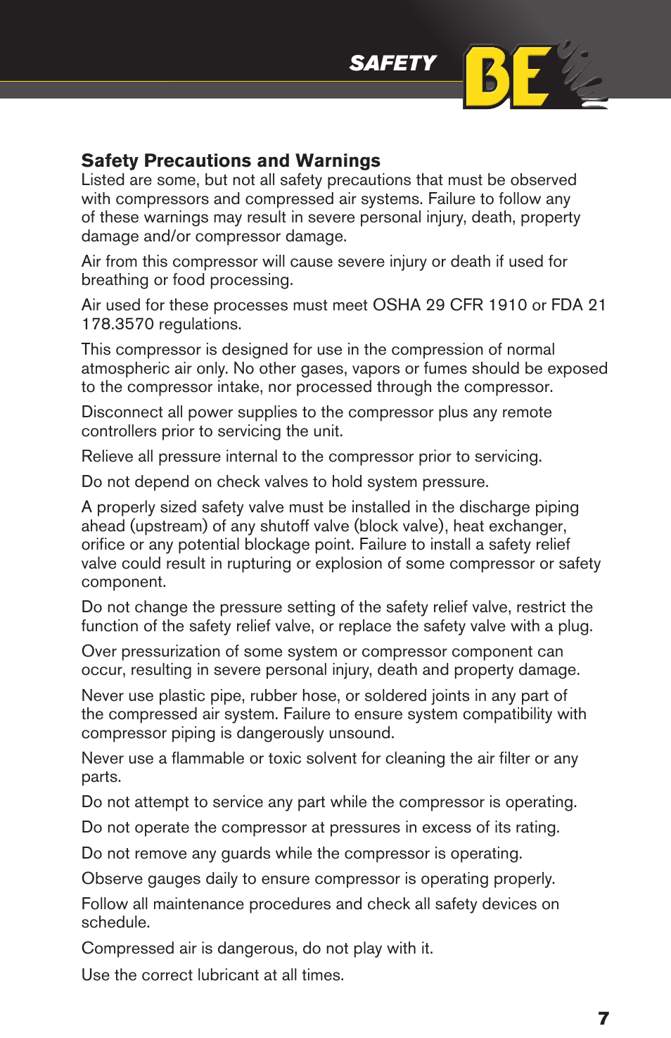 Safety | BE Pressure supply 80 Gallon Enclosed Rotary Screw Compressor AC1080SQ User Manual | Page 7 / 37