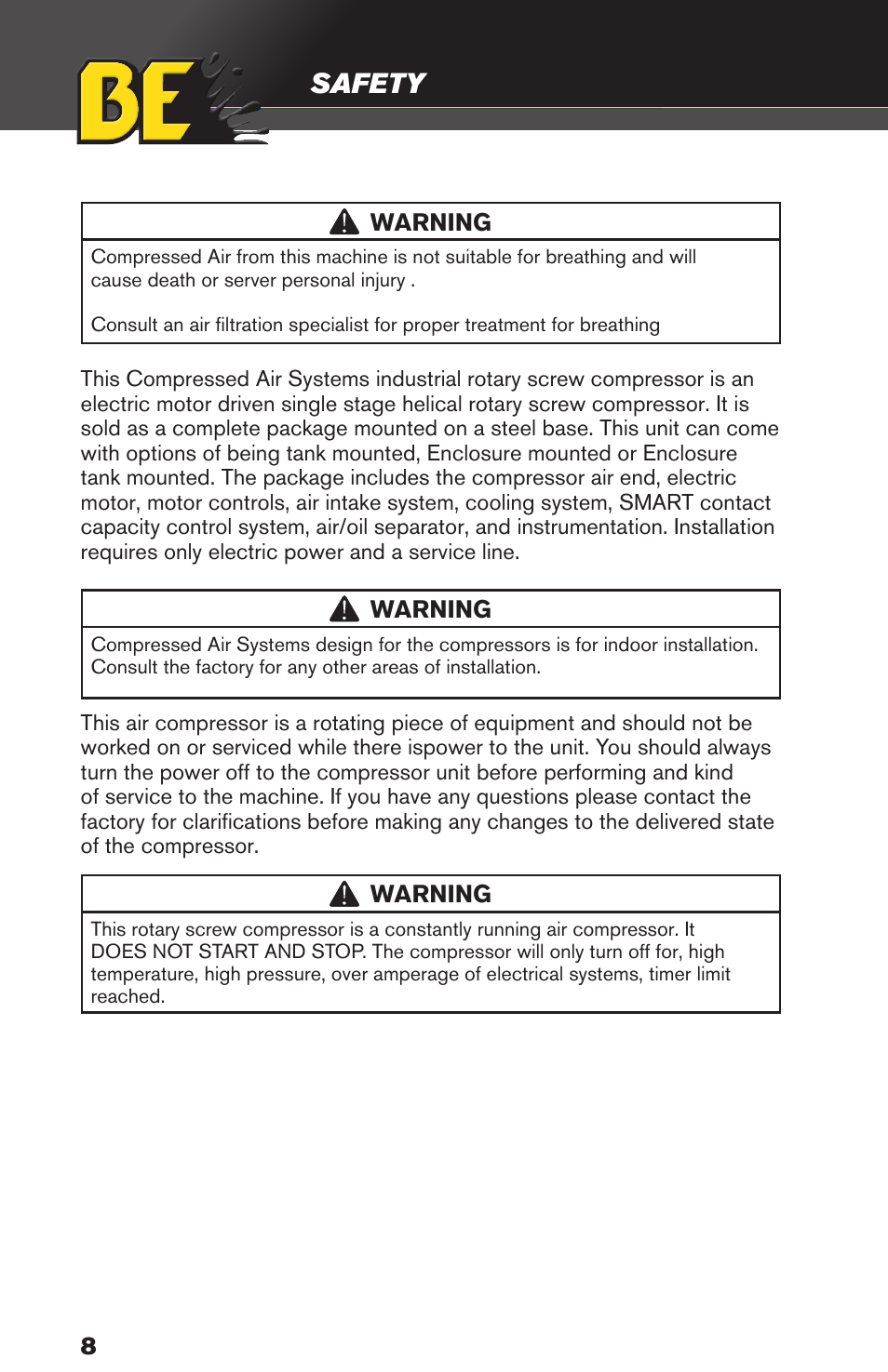 Safety | BE Pressure supply 80 Gallon Enclosed Rotary Screw Compressor AC1080SQ User Manual | Page 8 / 37